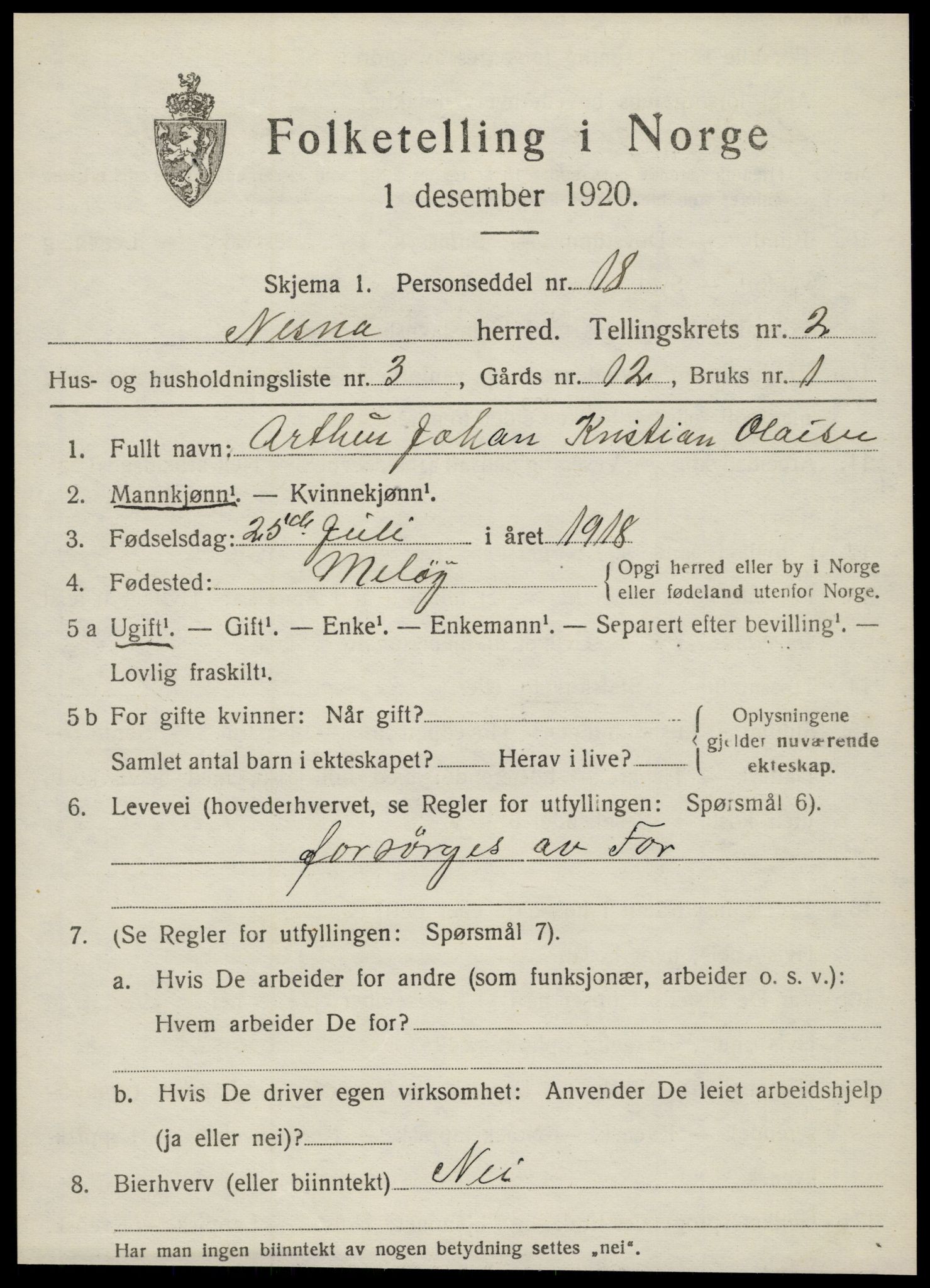 SAT, 1920 census for Nesna, 1920, p. 2071