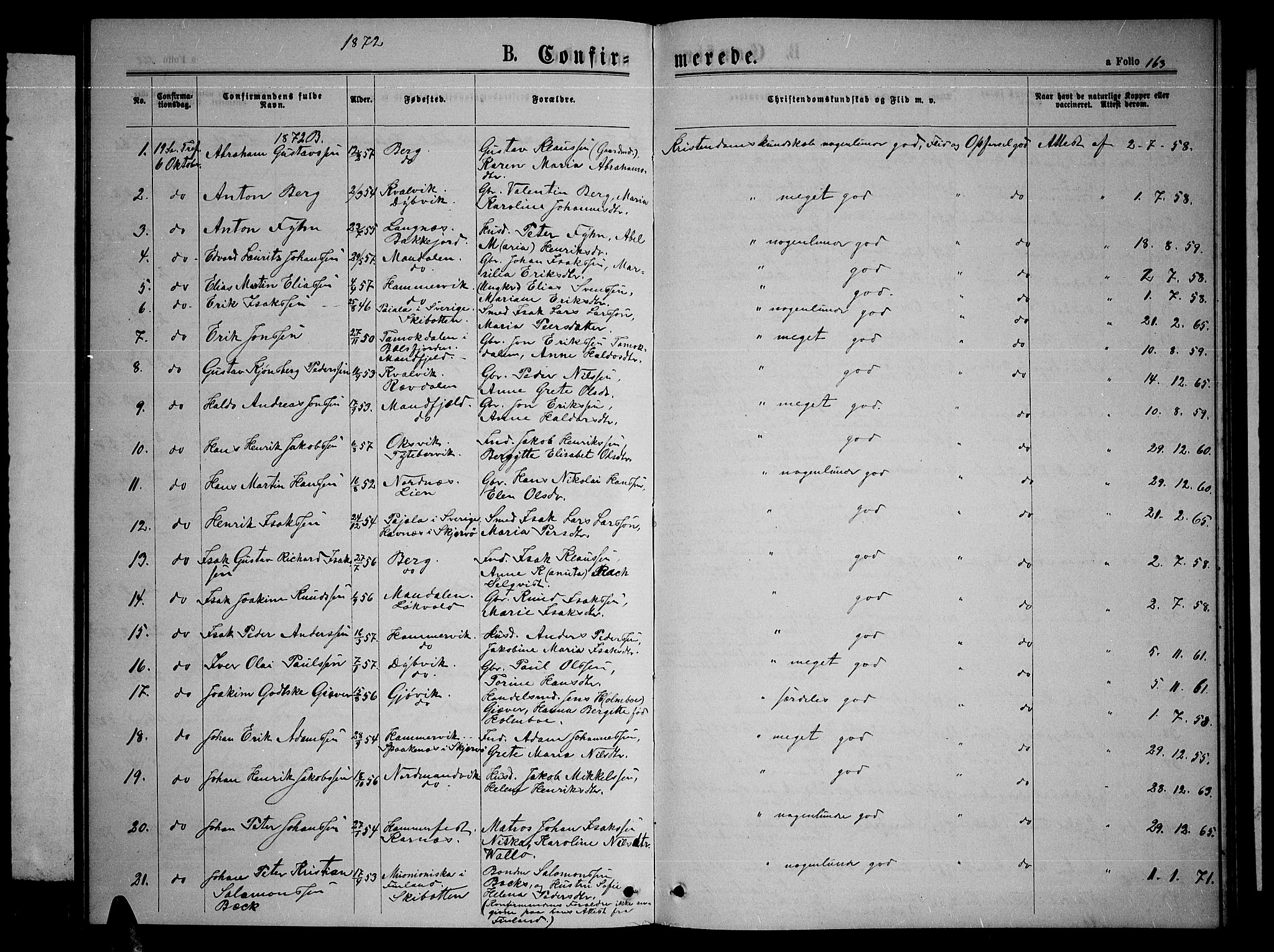 Lyngen sokneprestembete, AV/SATØ-S-1289/H/He/Heb/L0004klokker: Parish register (copy) no. 4, 1868-1878, p. 163