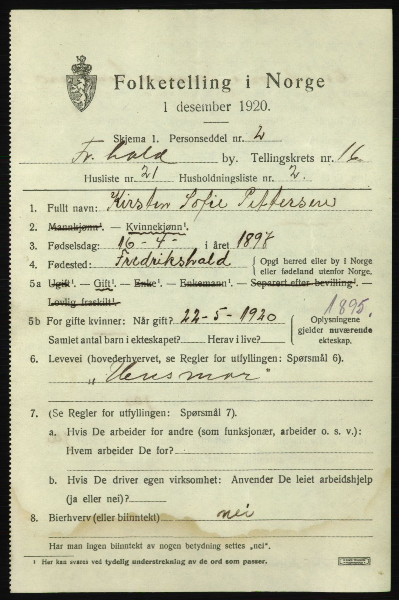 SAO, 1920 census for Fredrikshald, 1920, p. 25493