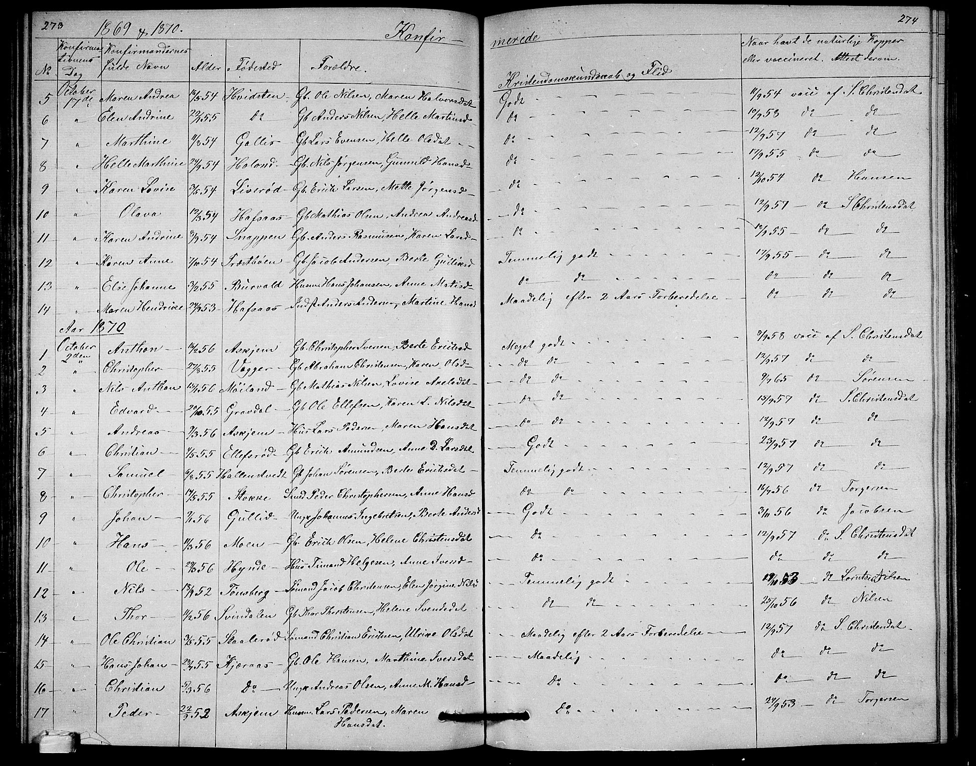 Andebu kirkebøker, SAKO/A-336/G/Ga/L0004: Parish register (copy) no. I 4, 1868-1882, p. 273-274