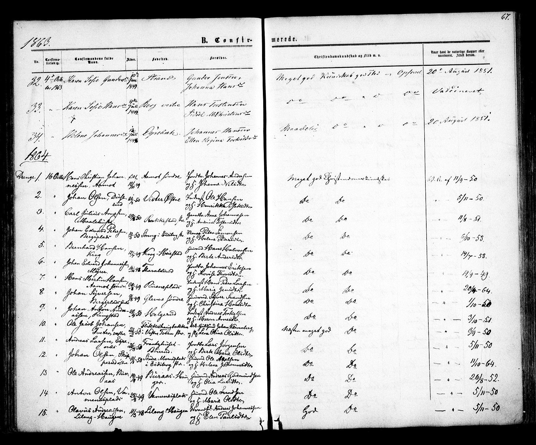 Skiptvet prestekontor Kirkebøker, AV/SAO-A-20009/F/Fa/L0007: Parish register (official) no. 7, 1861-1866, p. 67