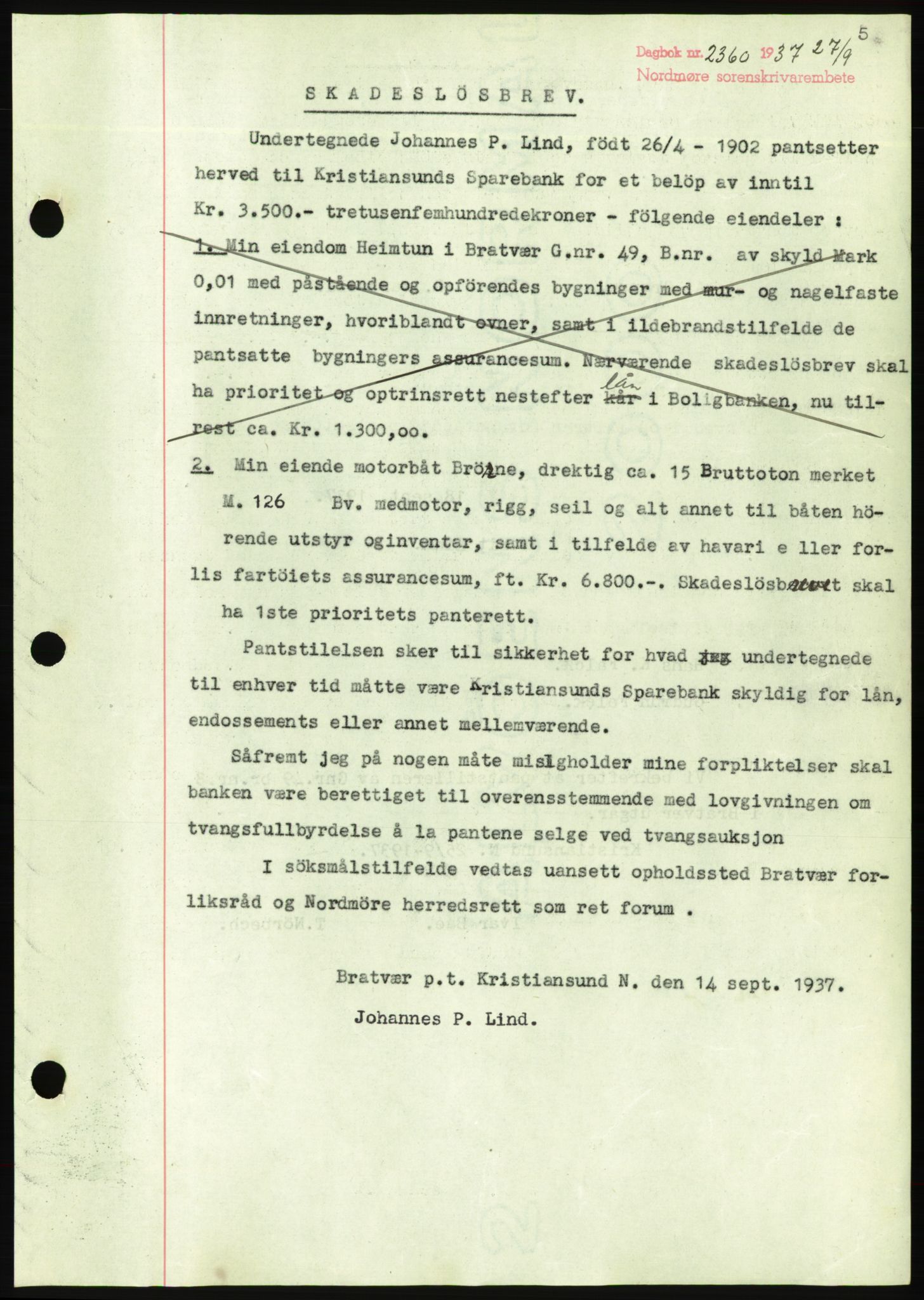 Nordmøre sorenskriveri, AV/SAT-A-4132/1/2/2Ca/L0092: Mortgage book no. B82, 1937-1938, Diary no: : 2360/1937