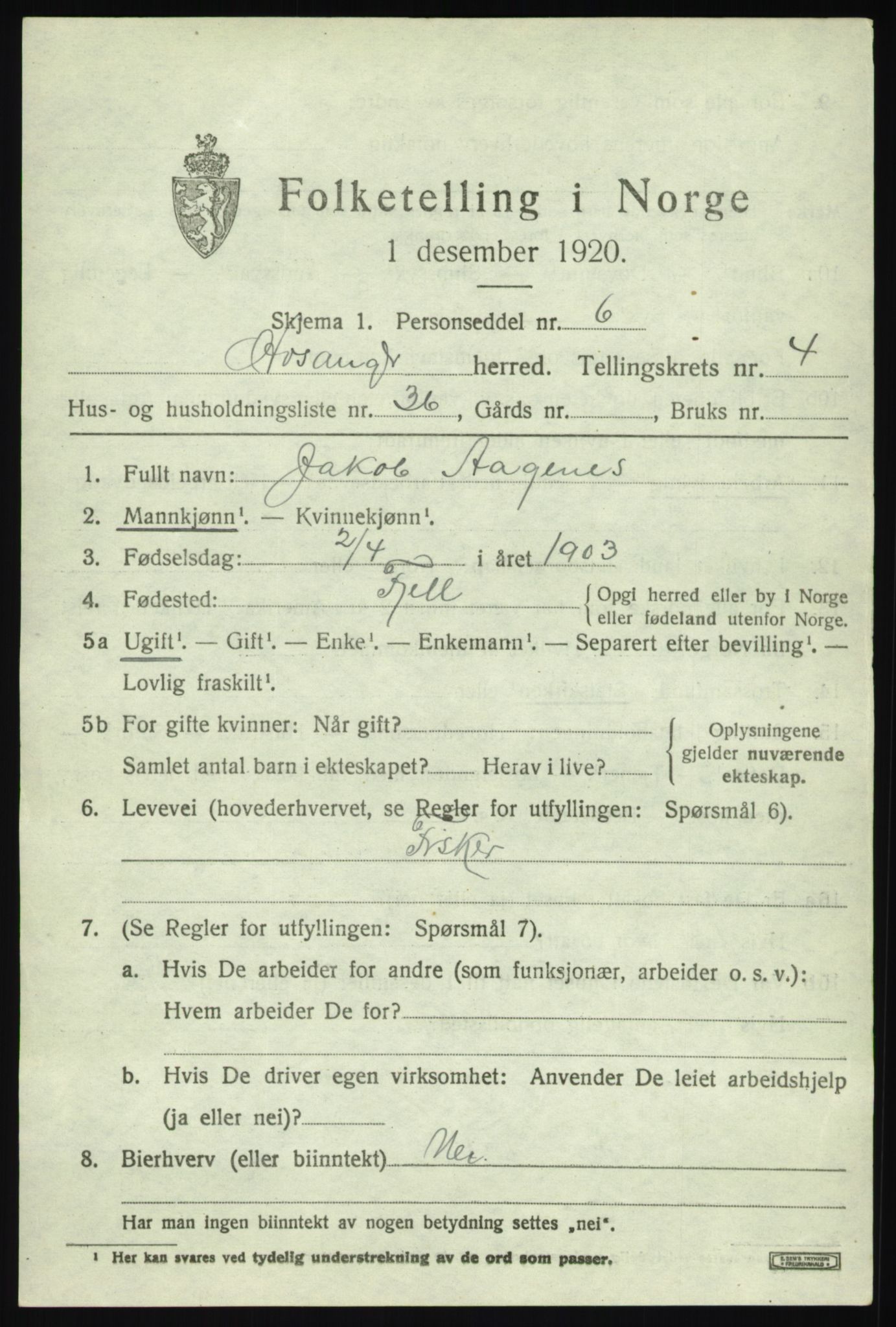 SAB, 1920 census for Hosanger, 1920, p. 2317