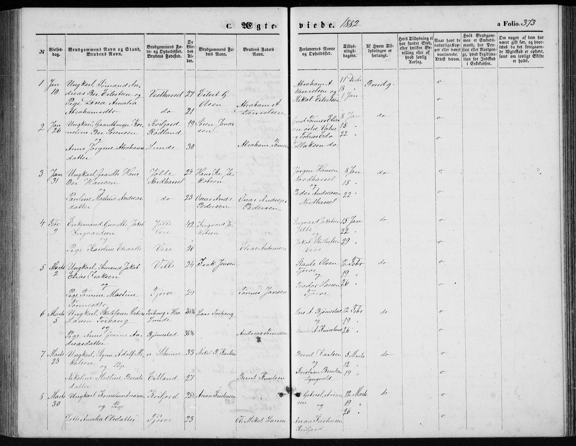 Lista sokneprestkontor, AV/SAK-1111-0027/F/Fb/L0004: Parish register (copy) no. B 4, 1877-1891, p. 373