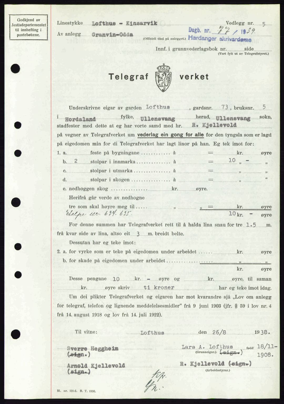 Hardanger sorenskriver, AV/SAB-A-2101/G/Ge/Gec/L0004: Mortgage book no. A4, 1938-1939, Diary no: : 77/1939