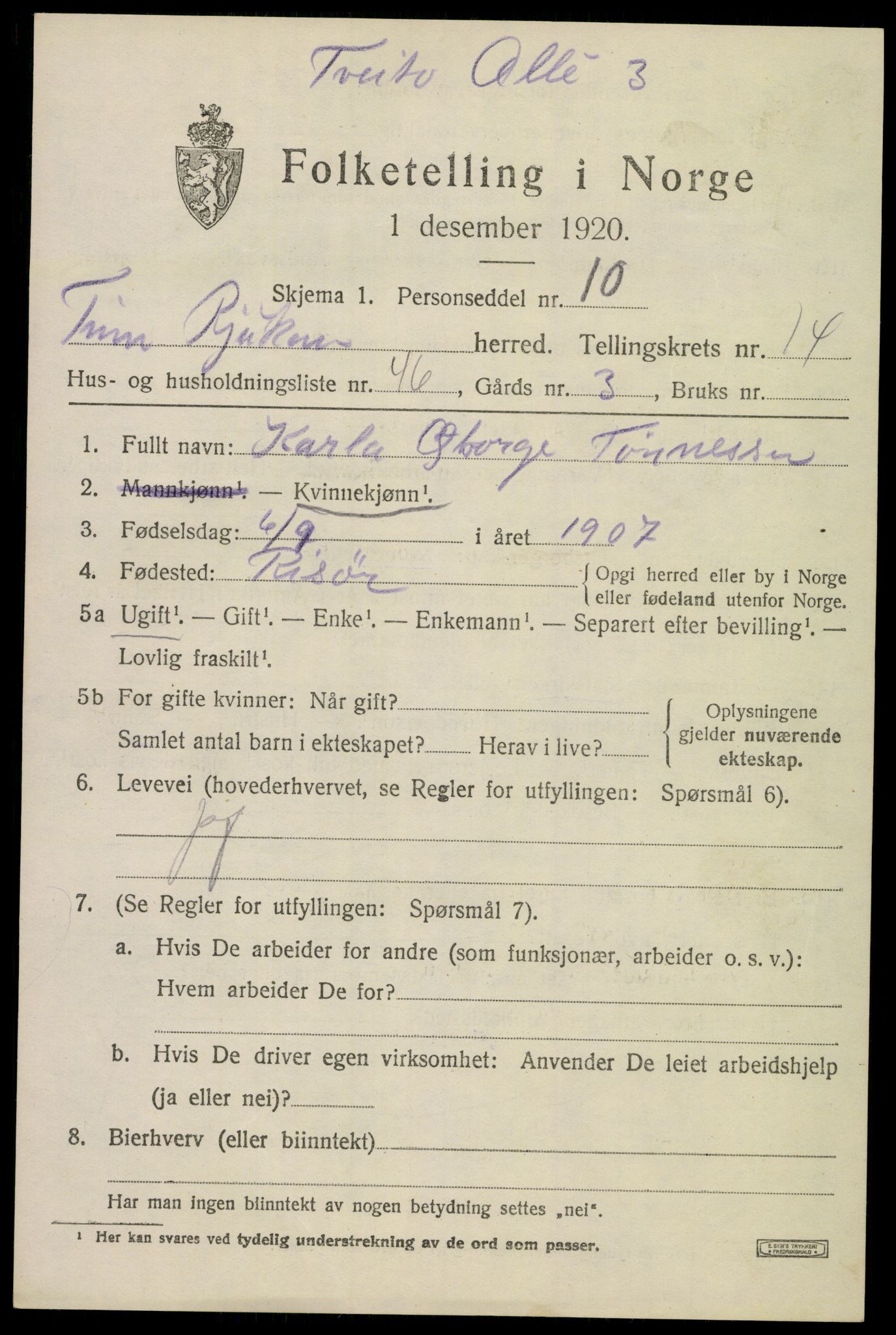 SAKO, 1920 census for Tinn, 1920, p. 10036