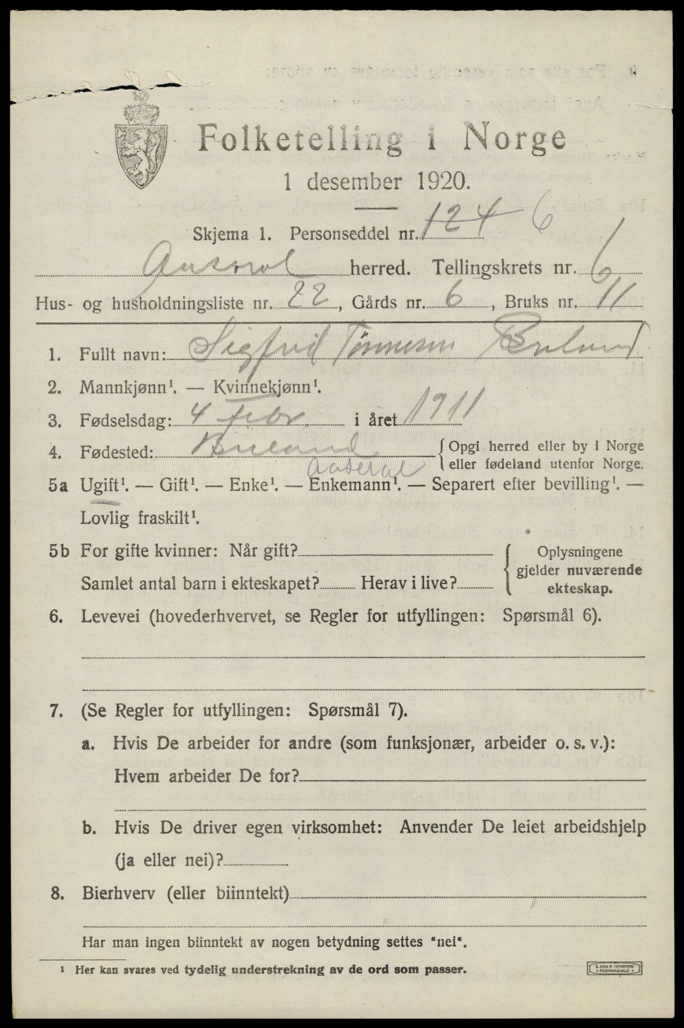 SAK, 1920 census for Åseral, 1920, p. 2044