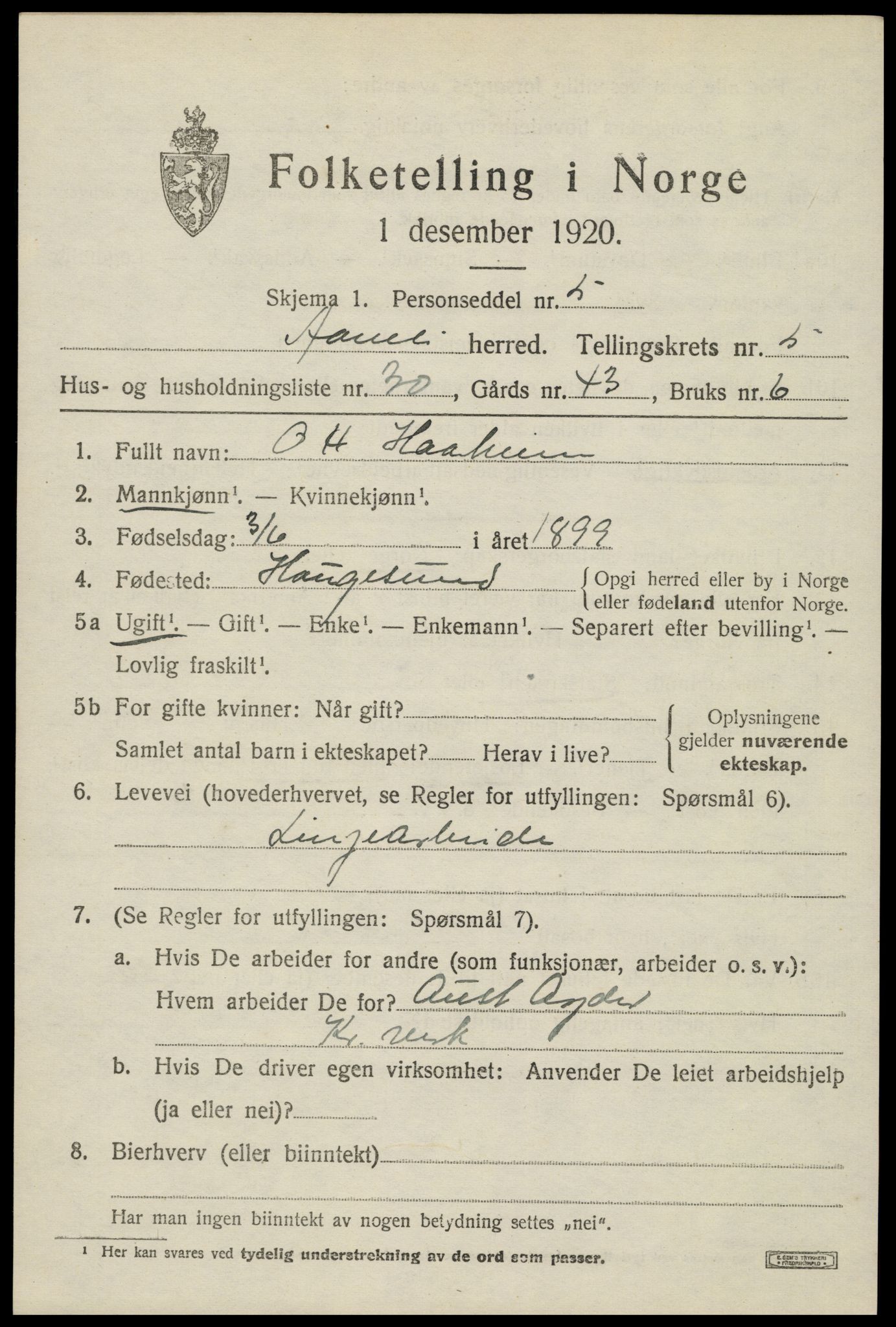 SAK, 1920 census for Åmli, 1920, p. 2645