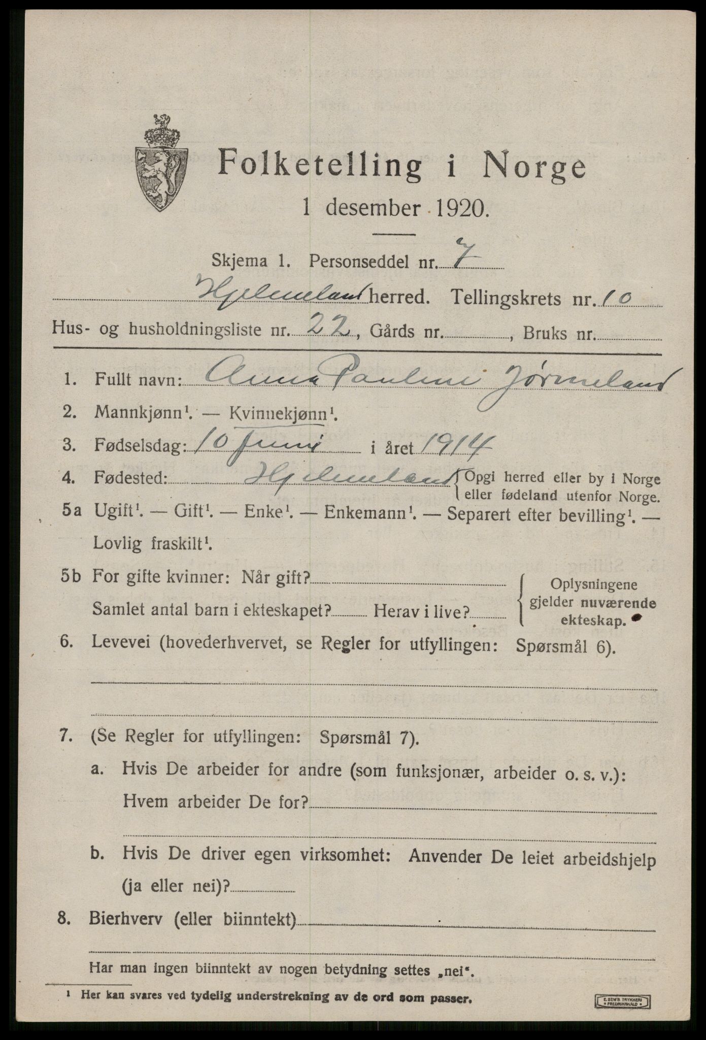 SAST, 1920 census for Hjelmeland, 1920, p. 3369