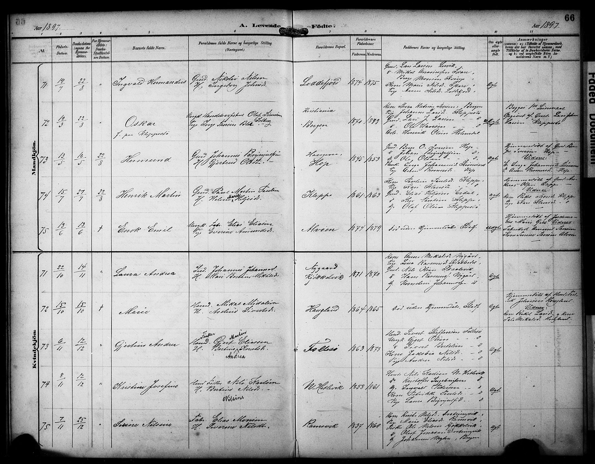 Askøy Sokneprestembete, SAB/A-74101/H/Ha/Hab/Haba/L0009: Parish register (copy) no. A 9, 1894-1903, p. 66