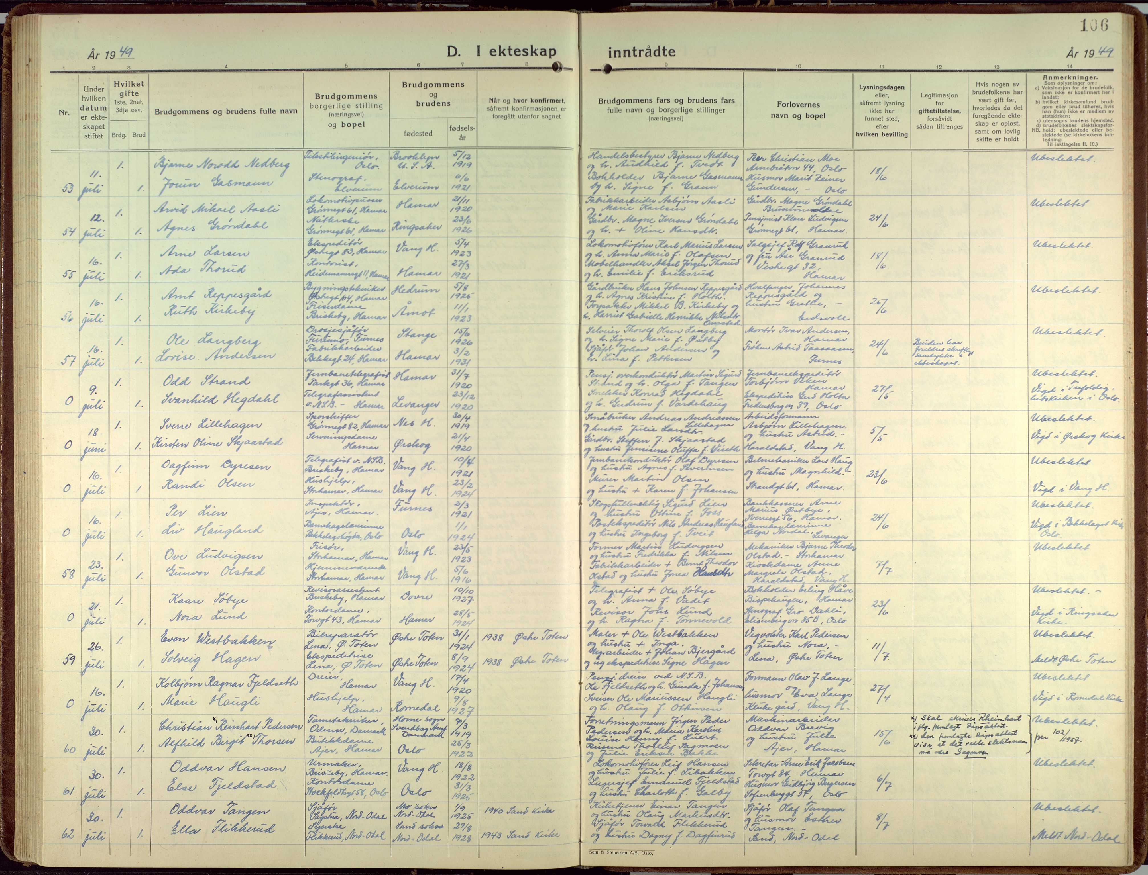 Hamar prestekontor, AV/SAH-DOMPH-002/H/Ha/Haa/L0006: Parish register (official) no. 6, 1931-1953, p. 106