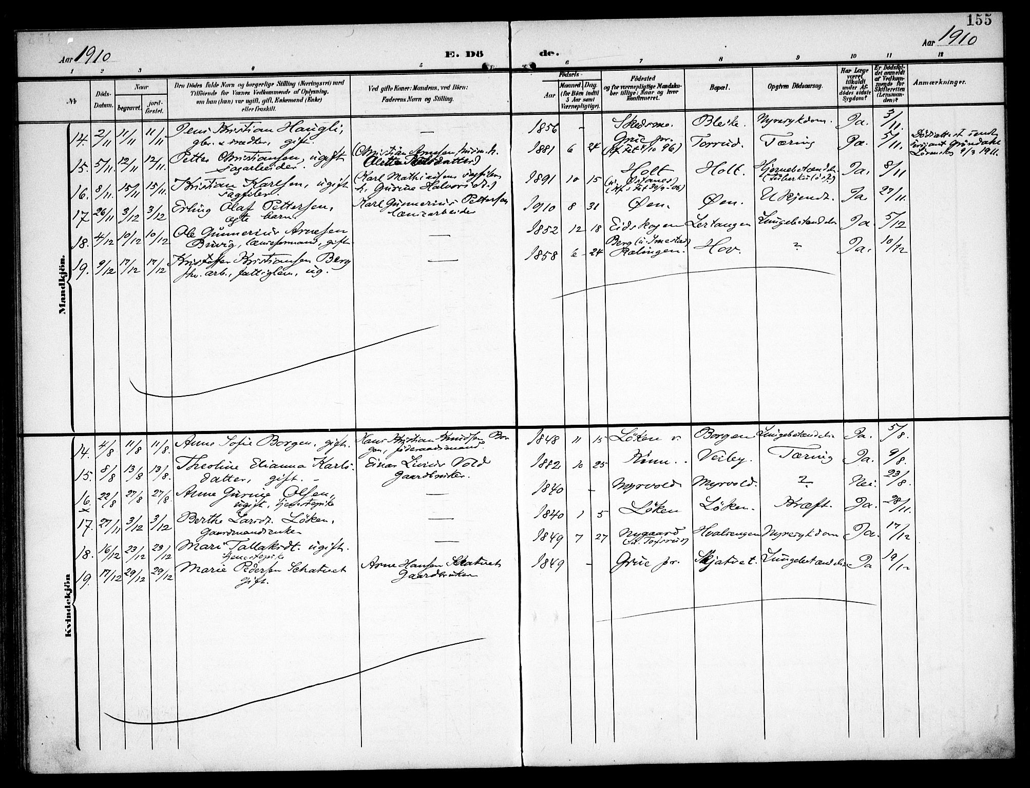 Fet prestekontor Kirkebøker, AV/SAO-A-10370a/F/Fa/L0016: Parish register (official) no. I 16, 1905-1914, p. 155