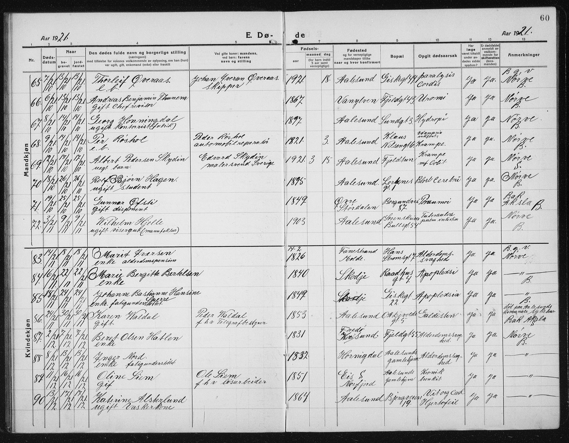 Ministerialprotokoller, klokkerbøker og fødselsregistre - Møre og Romsdal, AV/SAT-A-1454/529/L0474: Parish register (copy) no. 529C11, 1918-1938, p. 60