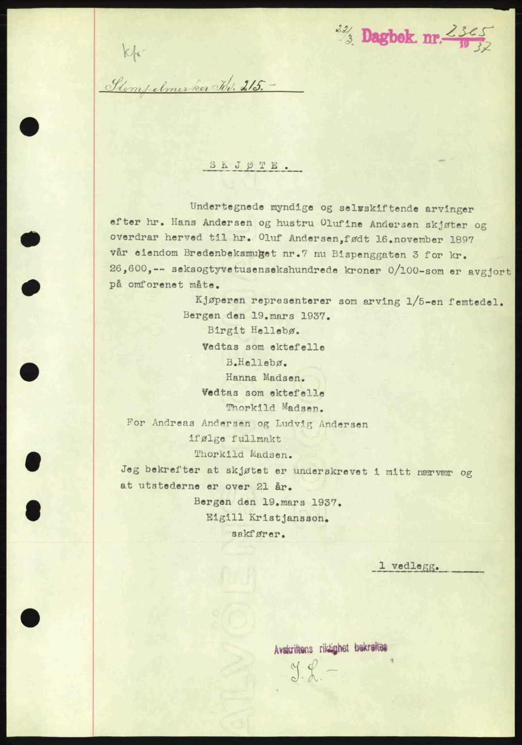 Byfogd og Byskriver i Bergen, SAB/A-3401/03/03Bc/L0004: Mortgage book no. A3-4, 1936-1937, Diary no: : 2365/1937