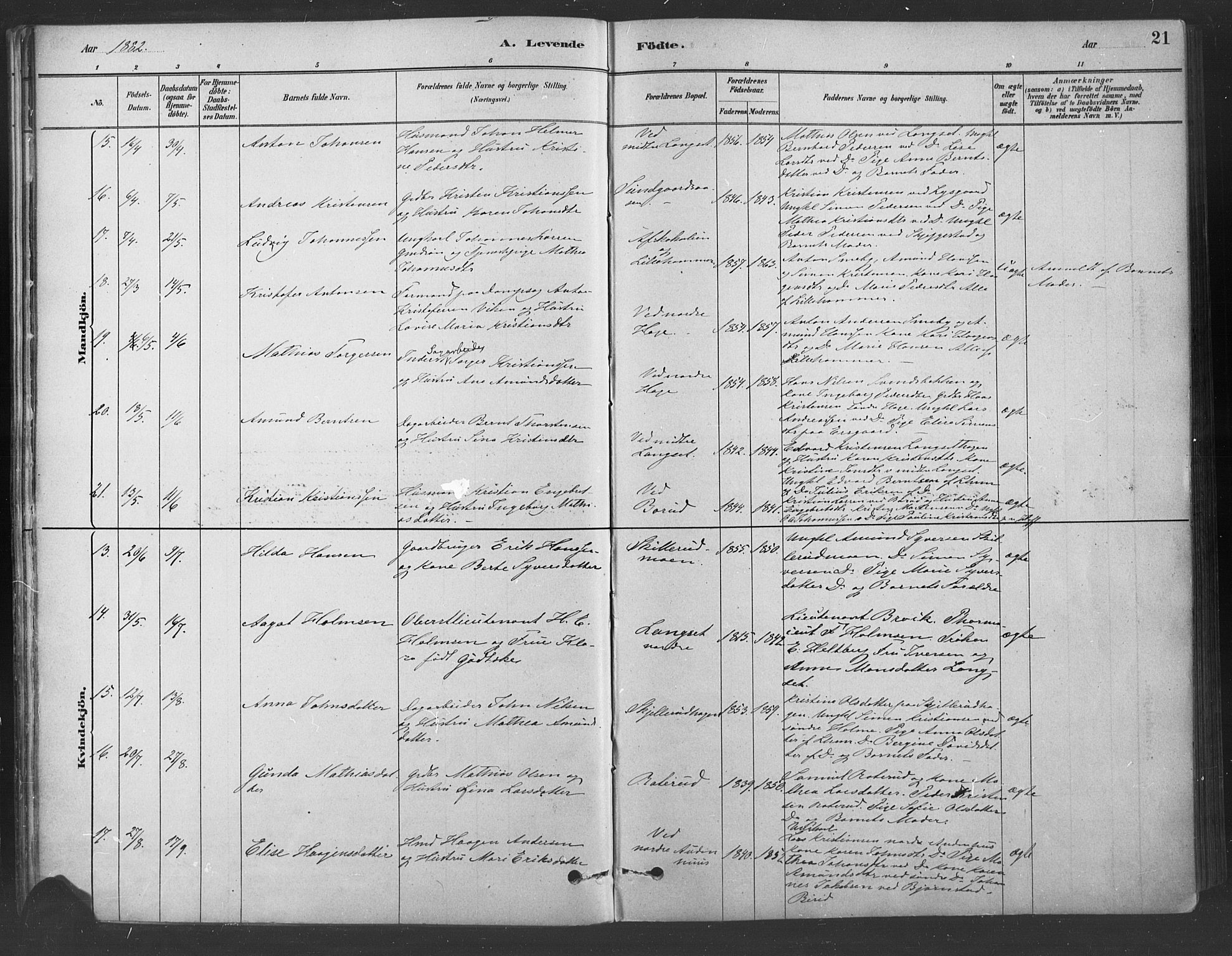 Fåberg prestekontor, AV/SAH-PREST-086/H/Ha/Haa/L0009: Parish register (official) no. 9, 1879-1898, p. 21