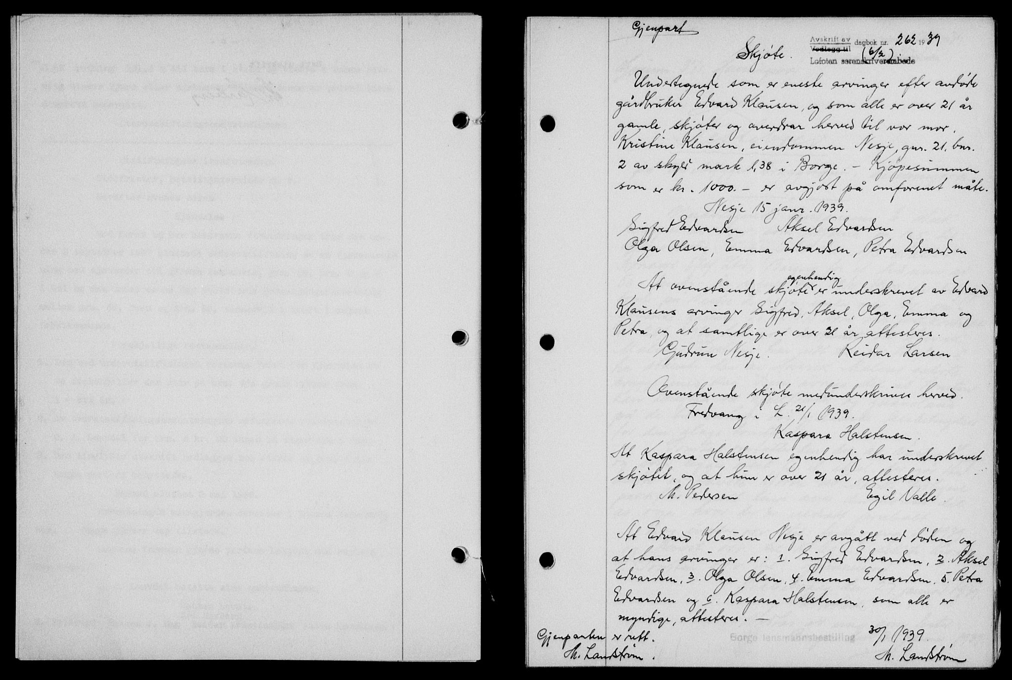 Lofoten sorenskriveri, SAT/A-0017/1/2/2C/L0005a: Mortgage book no. 5a, 1939-1939, Diary no: : 262/1939