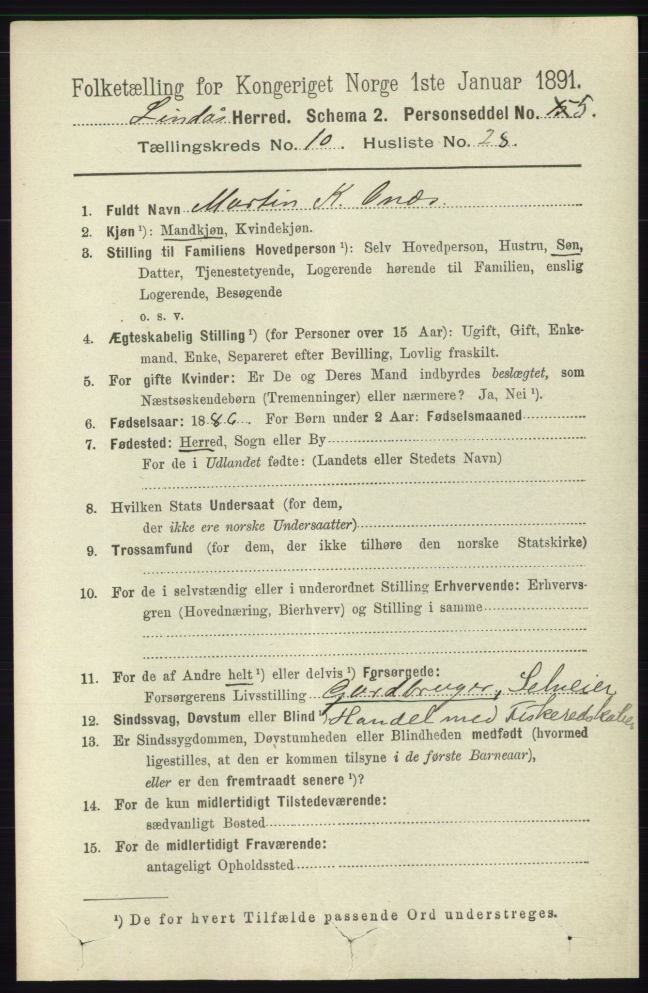 RA, 1891 census for 1263 Lindås, 1891, p. 3606