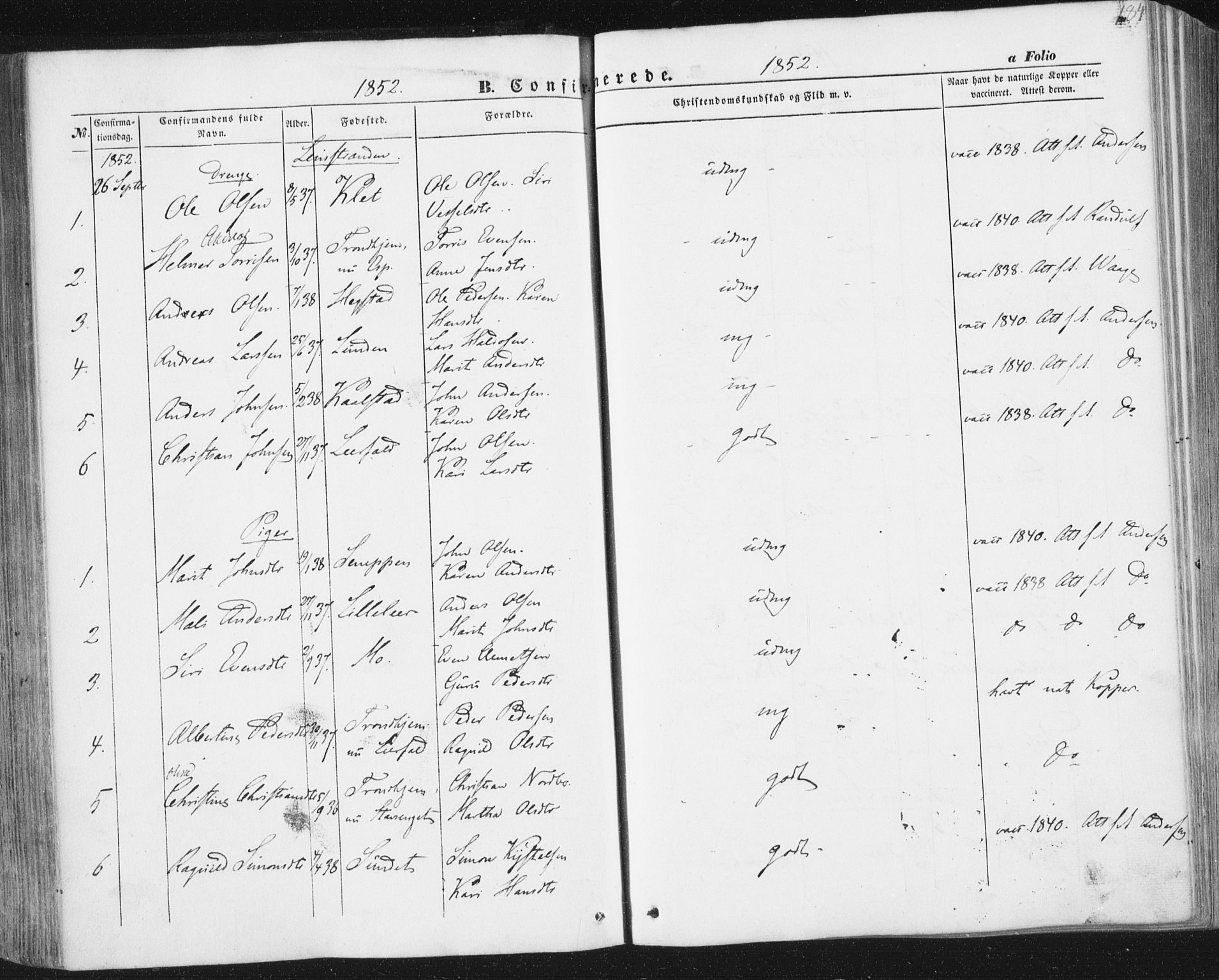 Ministerialprotokoller, klokkerbøker og fødselsregistre - Sør-Trøndelag, SAT/A-1456/691/L1076: Parish register (official) no. 691A08, 1852-1861, p. 184