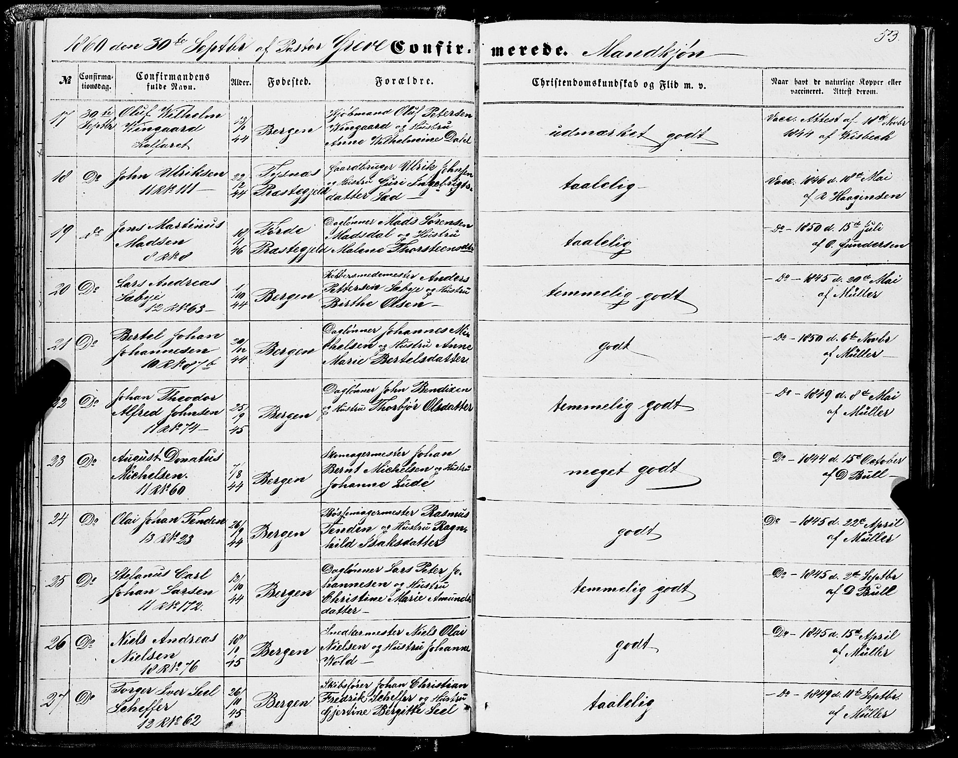 Domkirken sokneprestembete, AV/SAB-A-74801/H/Haa/L0028: Parish register (official) no. C 3, 1852-1864, p. 53