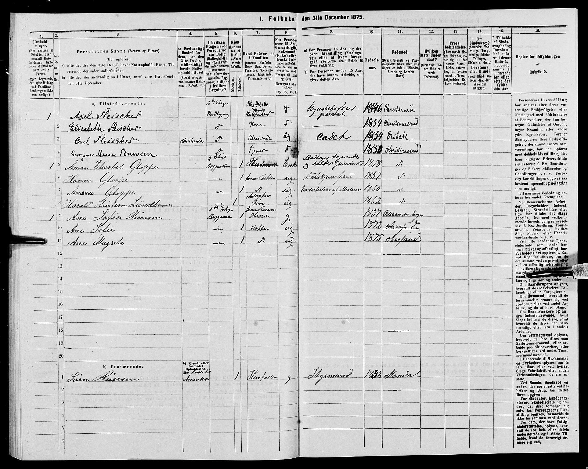 SAK, 1875 census for 1001P Kristiansand, 1875, p. 1910