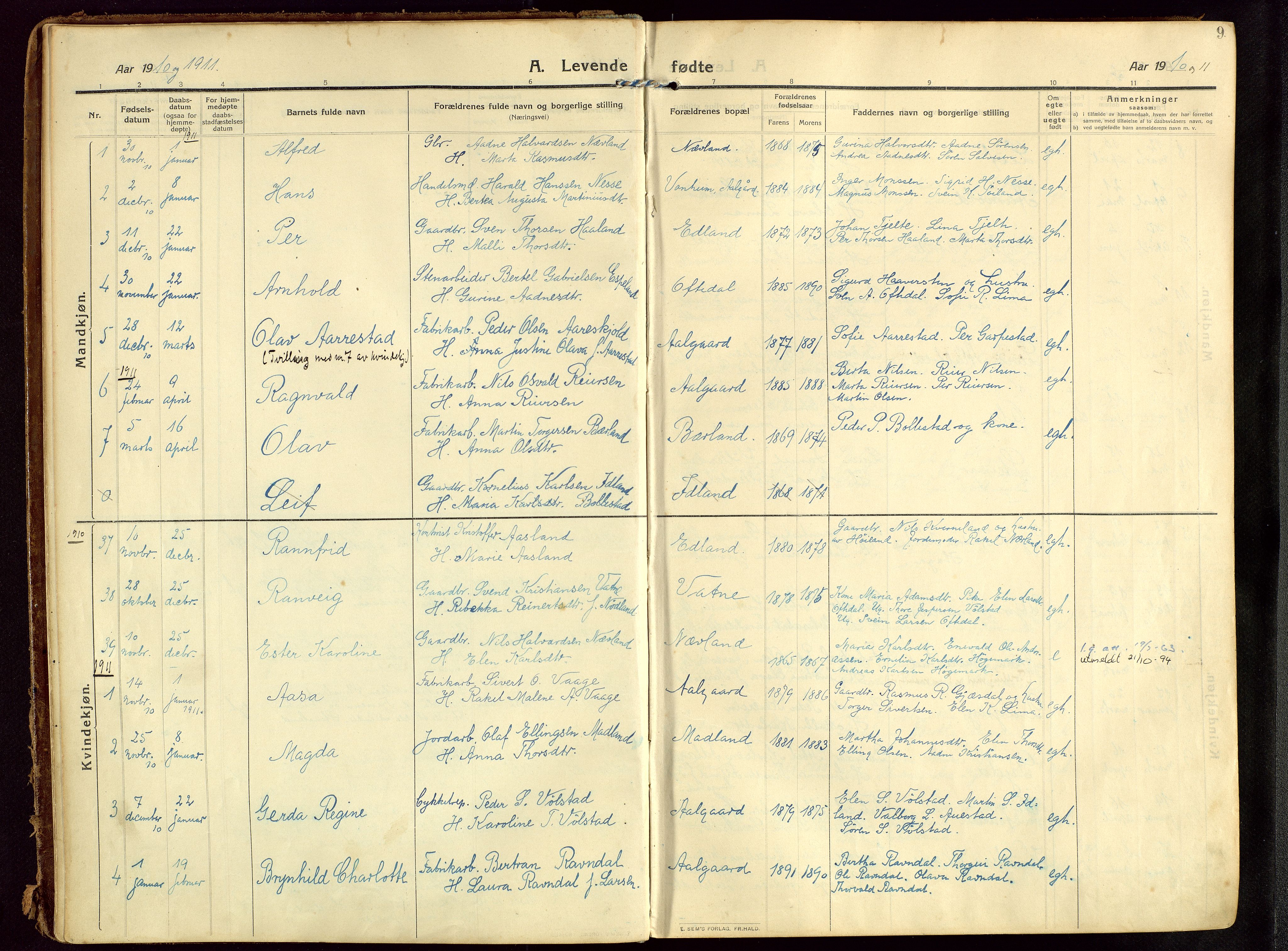 Lye sokneprestkontor, SAST/A-101794/002/B/L0001: Parish register (official) no. A 13, 1910-1925, p. 9