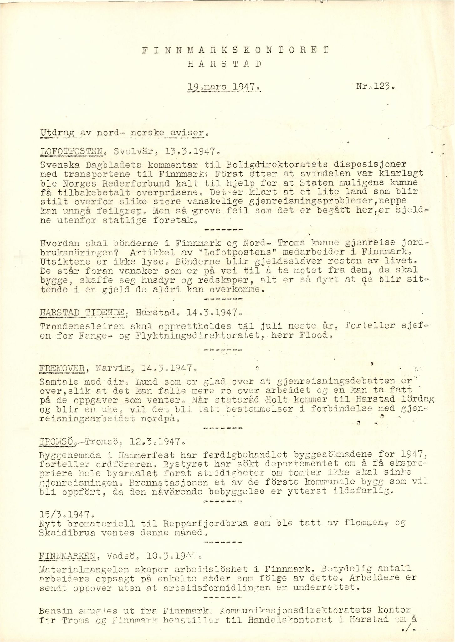 Finnmarkskontorets presse- og opplysningsarkiv , FMFB/A-1198/E/L0008/0003: 6. Presse / Avisutklipp Finnmarken 5.12.-30.12.1946 og Finnmarksposten 13.2.-28.12.1946