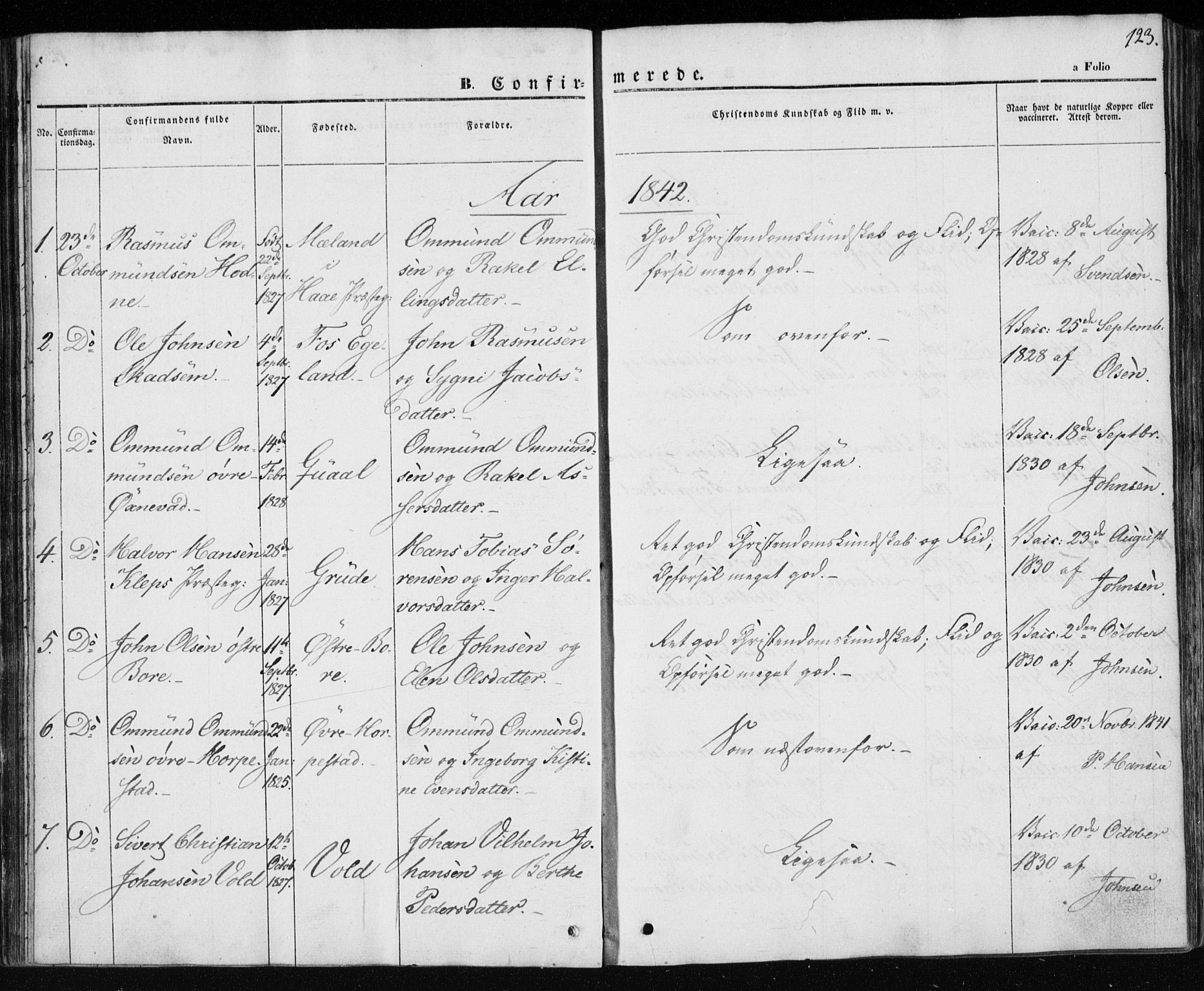 Klepp sokneprestkontor, SAST/A-101803/001/3/30BA/L0004: Parish register (official) no. A 4, 1842-1852, p. 123