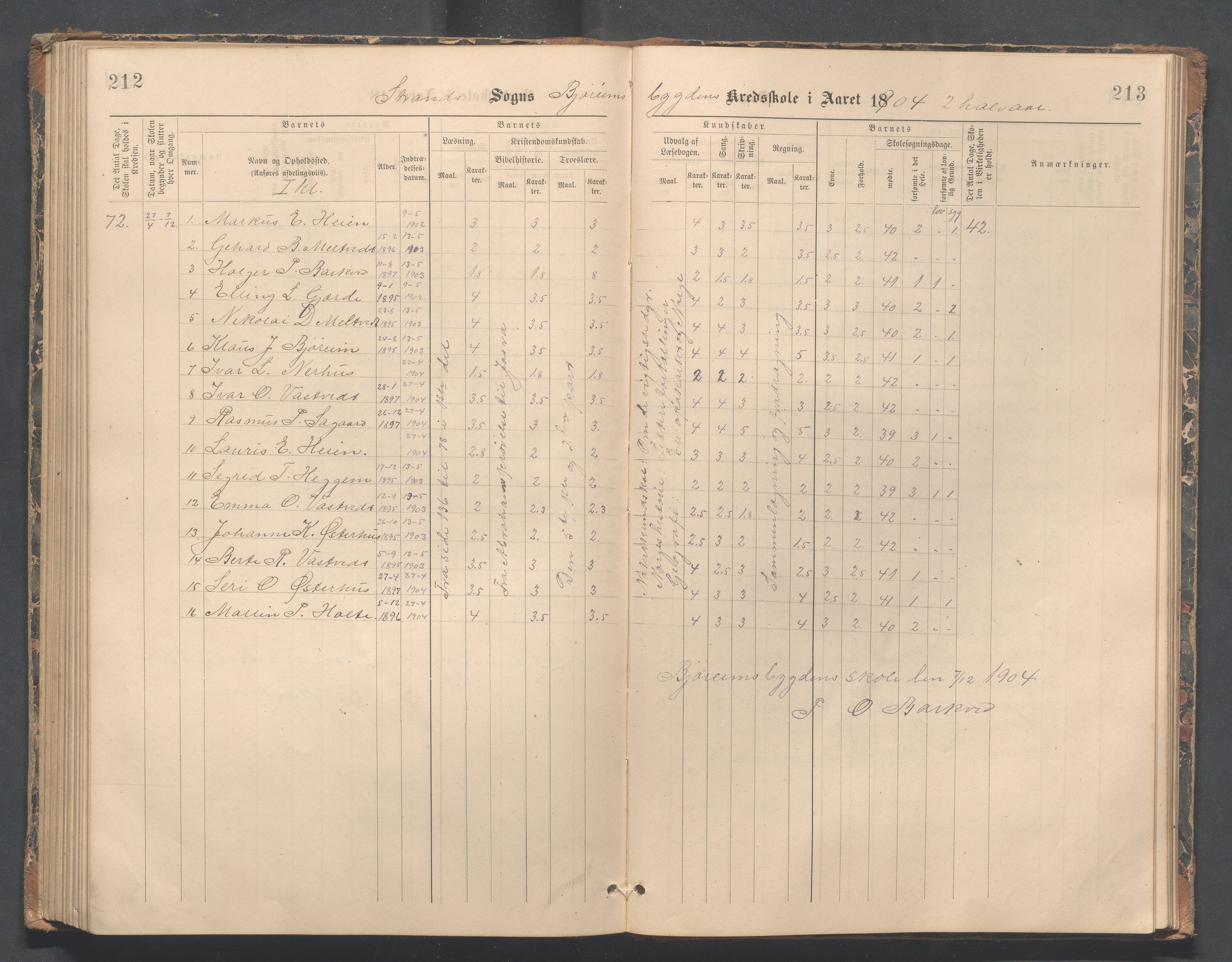 Strand kommune - Bjørheimsbygd skole, IKAR/A-147/H/L0002: Skoleprotokoll for Bjørheimsbygd og Lekvam krets, 1891-1907, p. 212-213