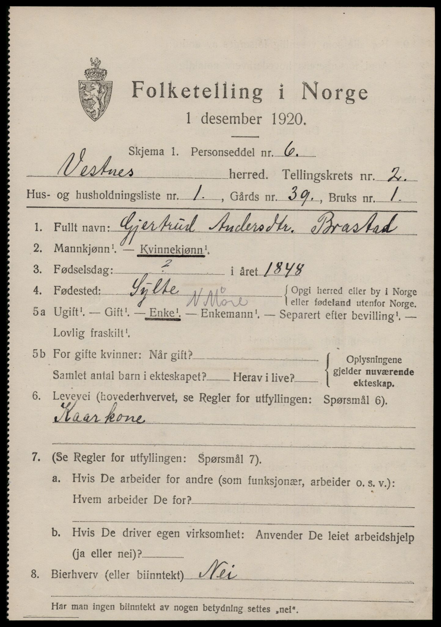 SAT, 1920 census for Vestnes, 1920, p. 1947