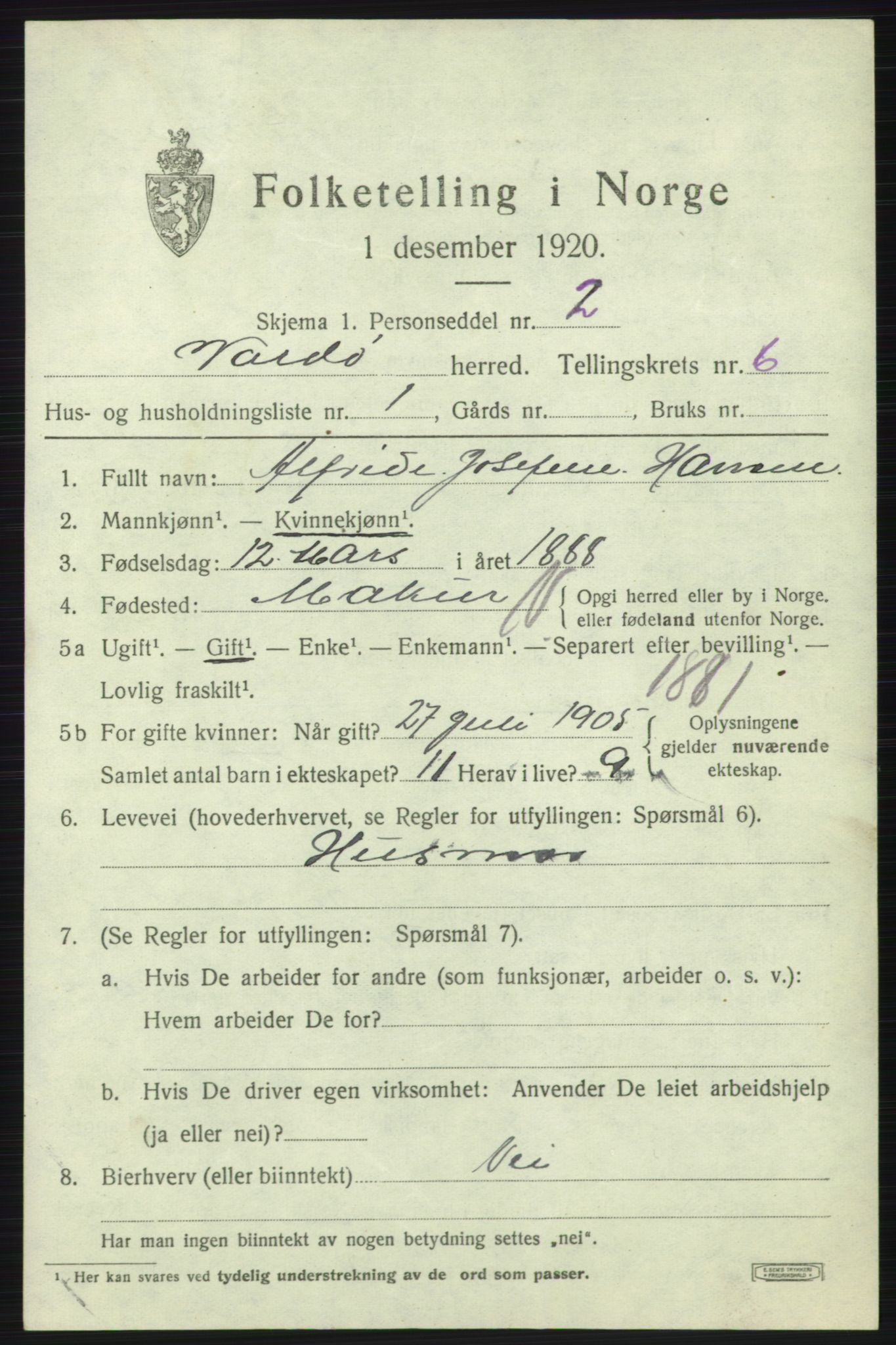 SATØ, 1920 census for Vardø rural district, 1920, p. 2824