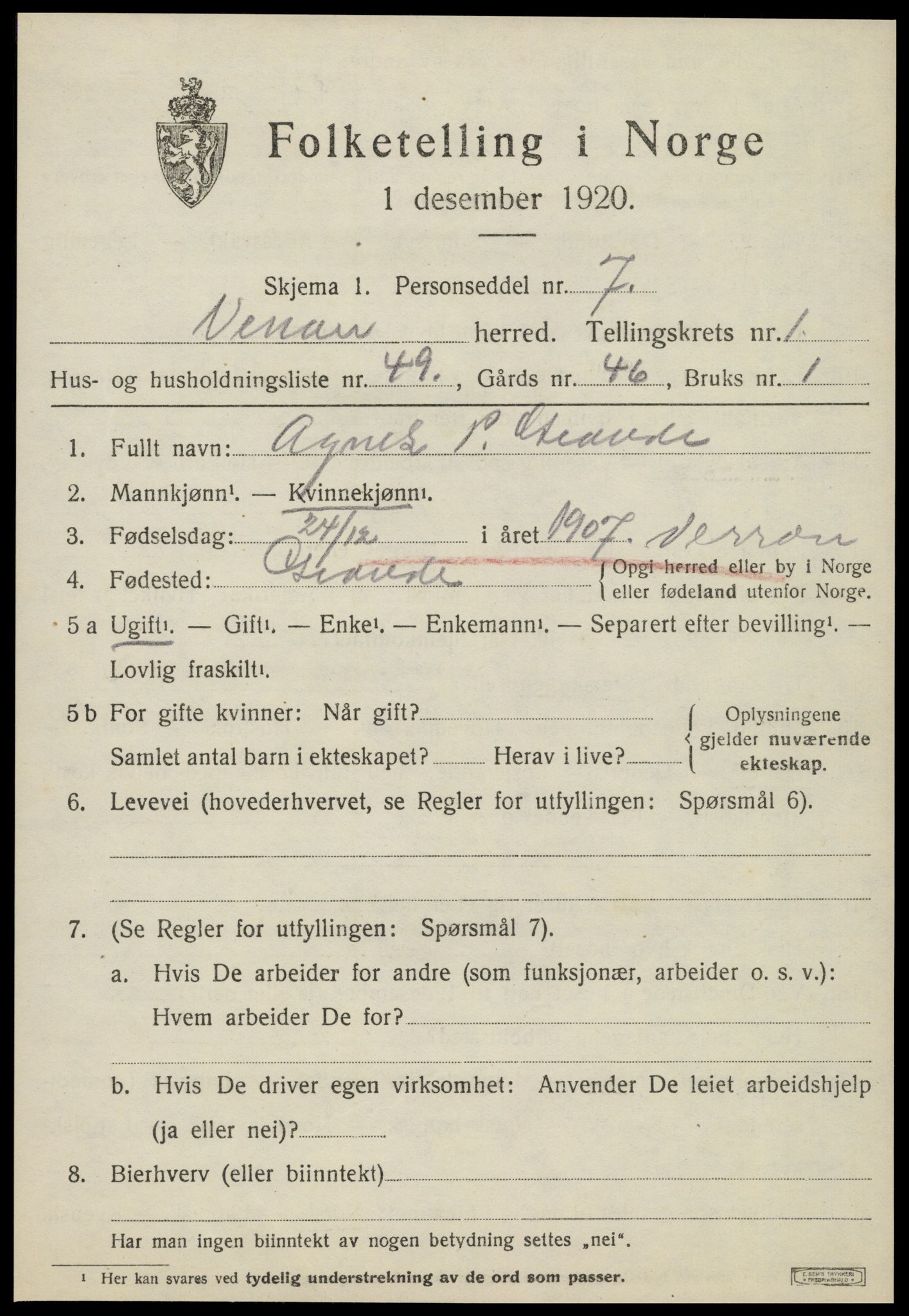 SAT, 1920 census for Verran, 1920, p. 1054