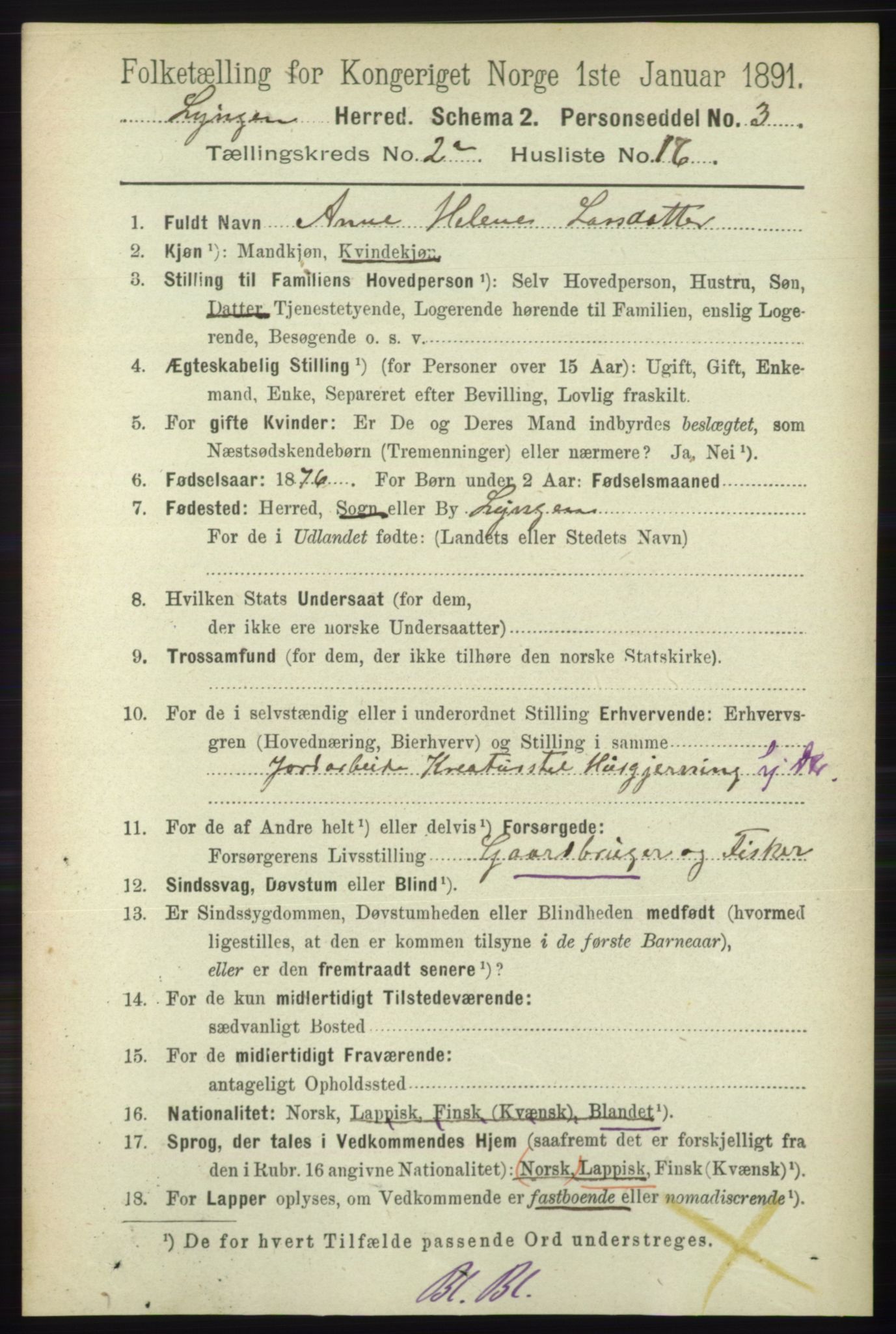 RA, 1891 census for 1938 Lyngen, 1891, p. 2078