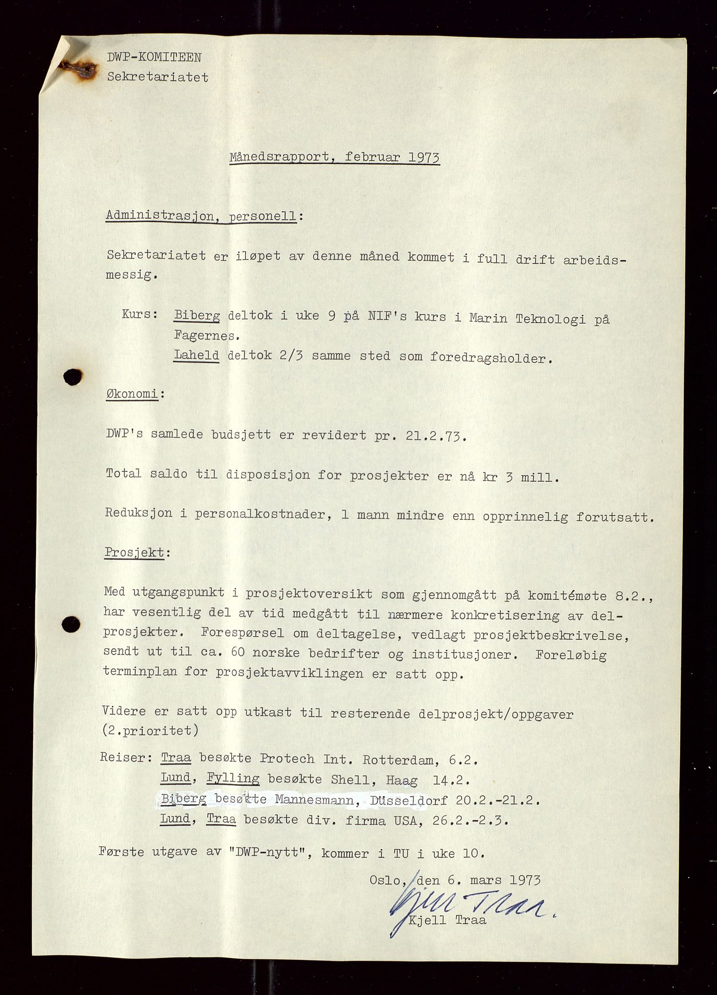 Industridepartementet, Oljekontoret, AV/SAST-A-101348/Di/L0002: DWP, måneds- kvartals- halvårs- og årsrapporter, økonomi, personell, div., 1972-1974, p. 271