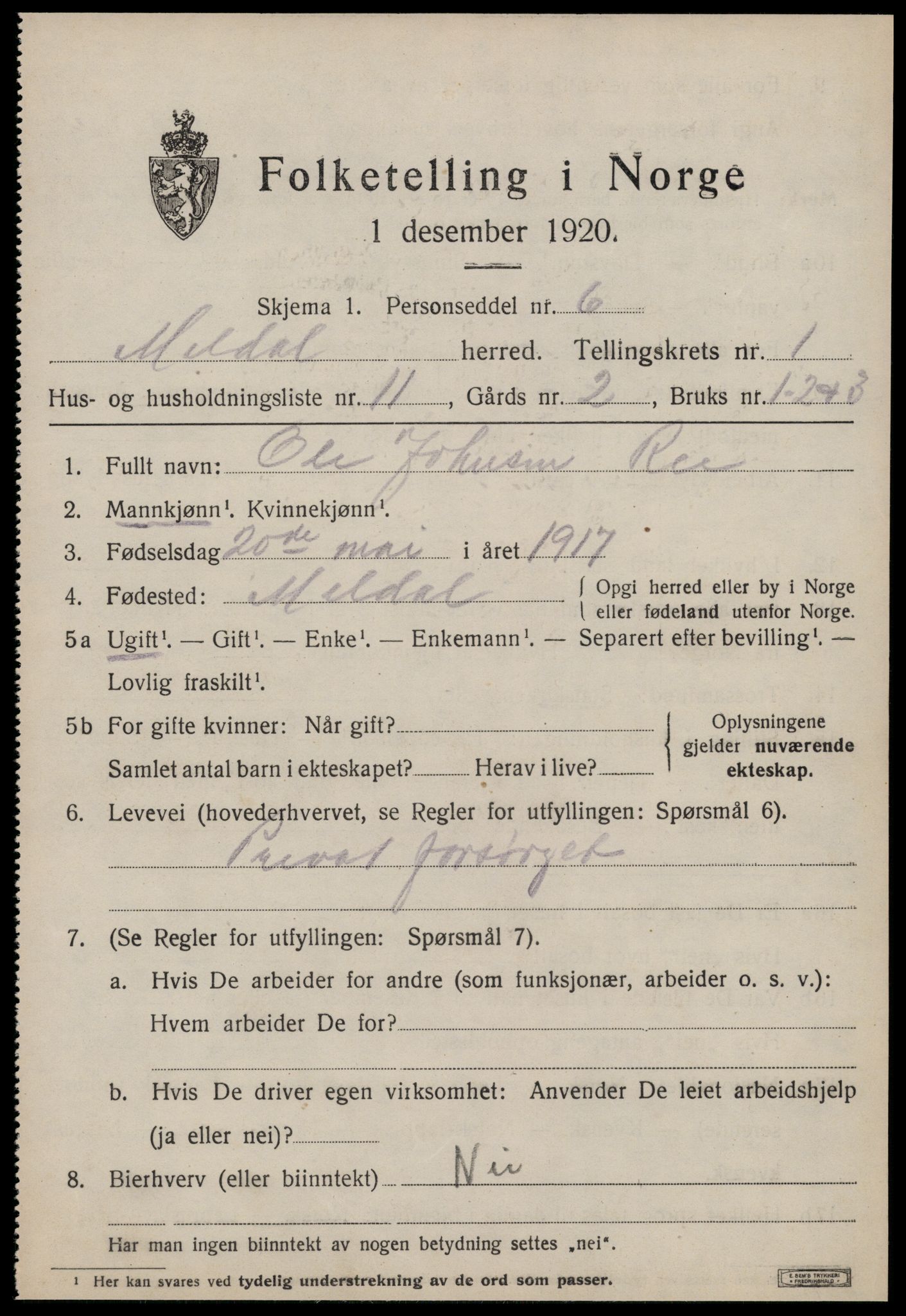 SAT, 1920 census for Meldal, 1920, p. 2015