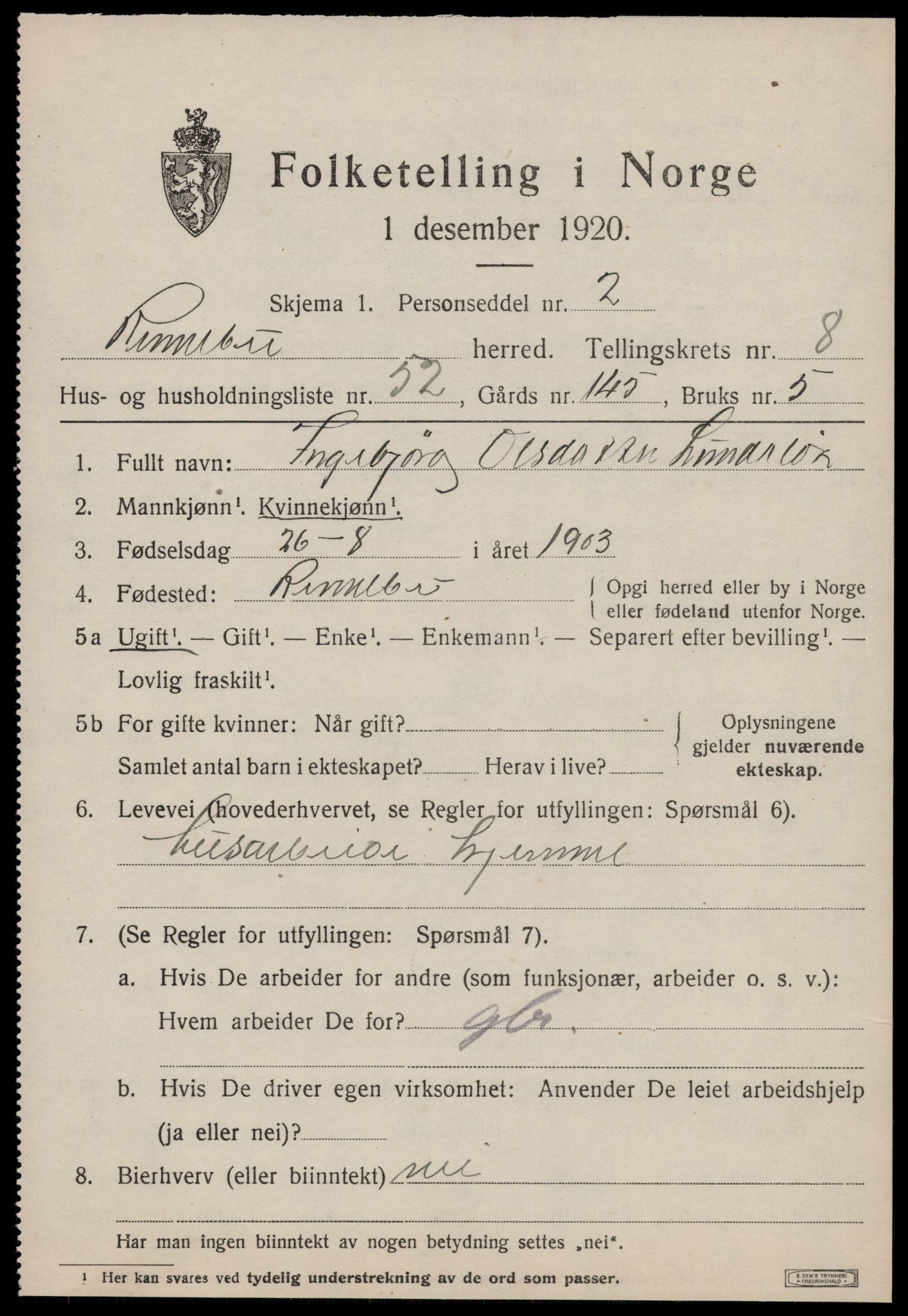 SAT, 1920 census for Rennebu, 1920, p. 5828