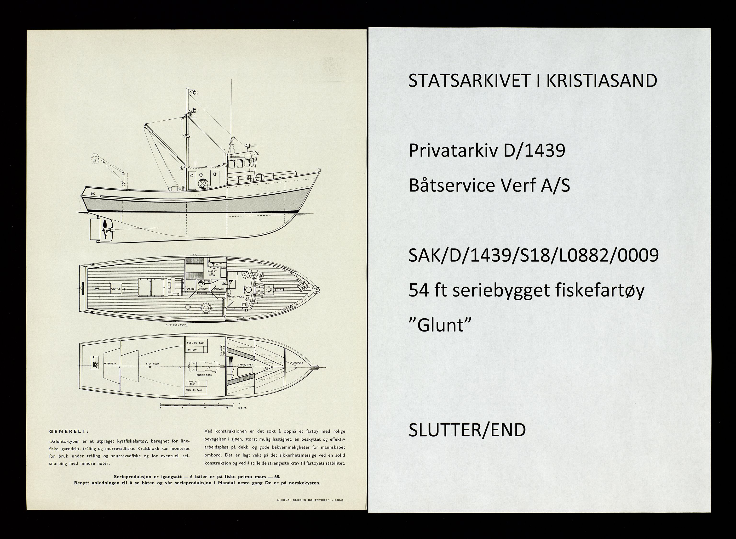 Båtservice Verft A/S, AV/SAK-D/1439/S18/L0882/0009: Reklame, jubileumsbok, historikk / 54 ft seriebygget fiskefartøy - "Glunt", 1968