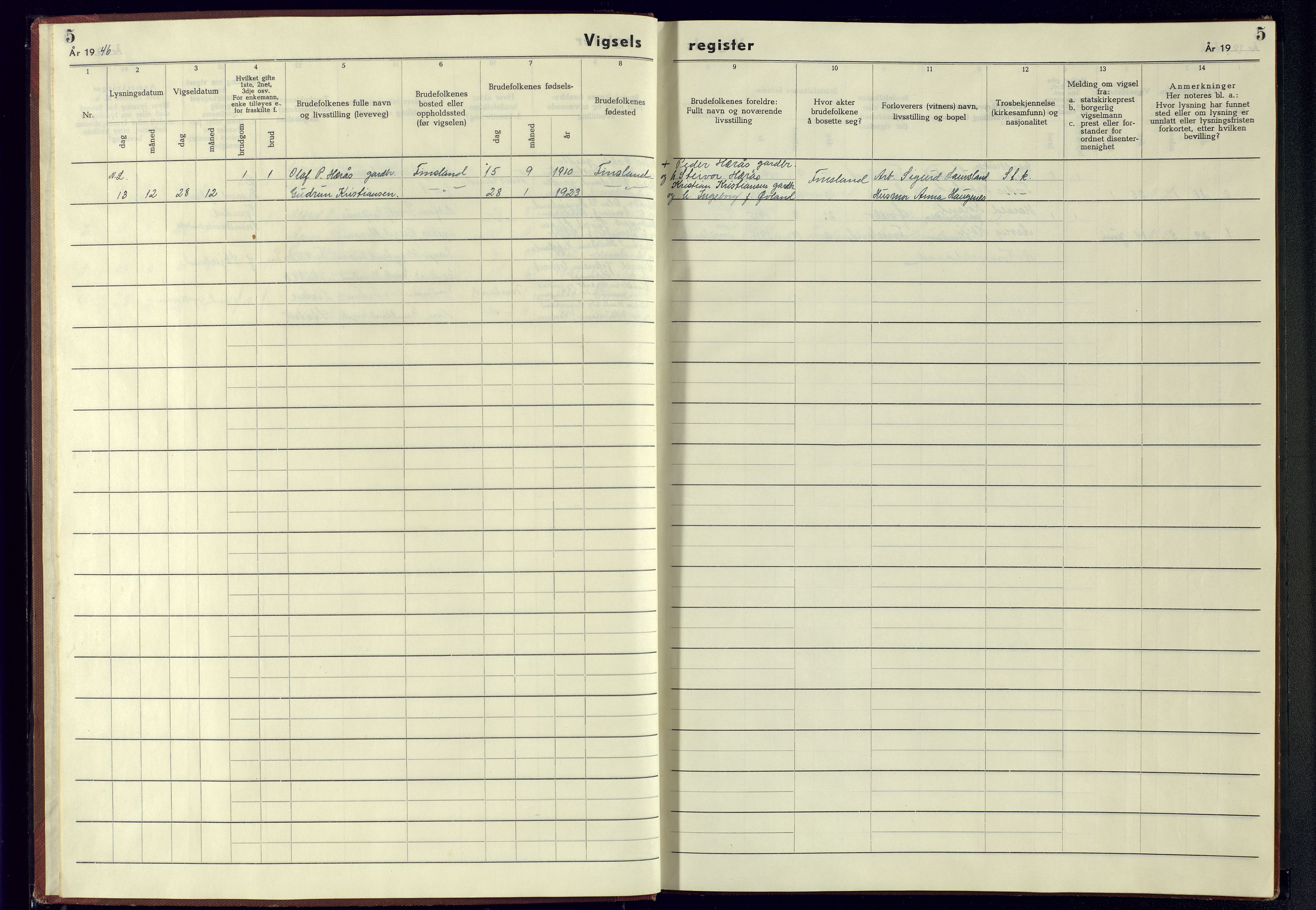 Bjelland sokneprestkontor, AV/SAK-1111-0005/J/Jb/L0009: Marriage register no. II.6.9, 1942-1956, p. 5