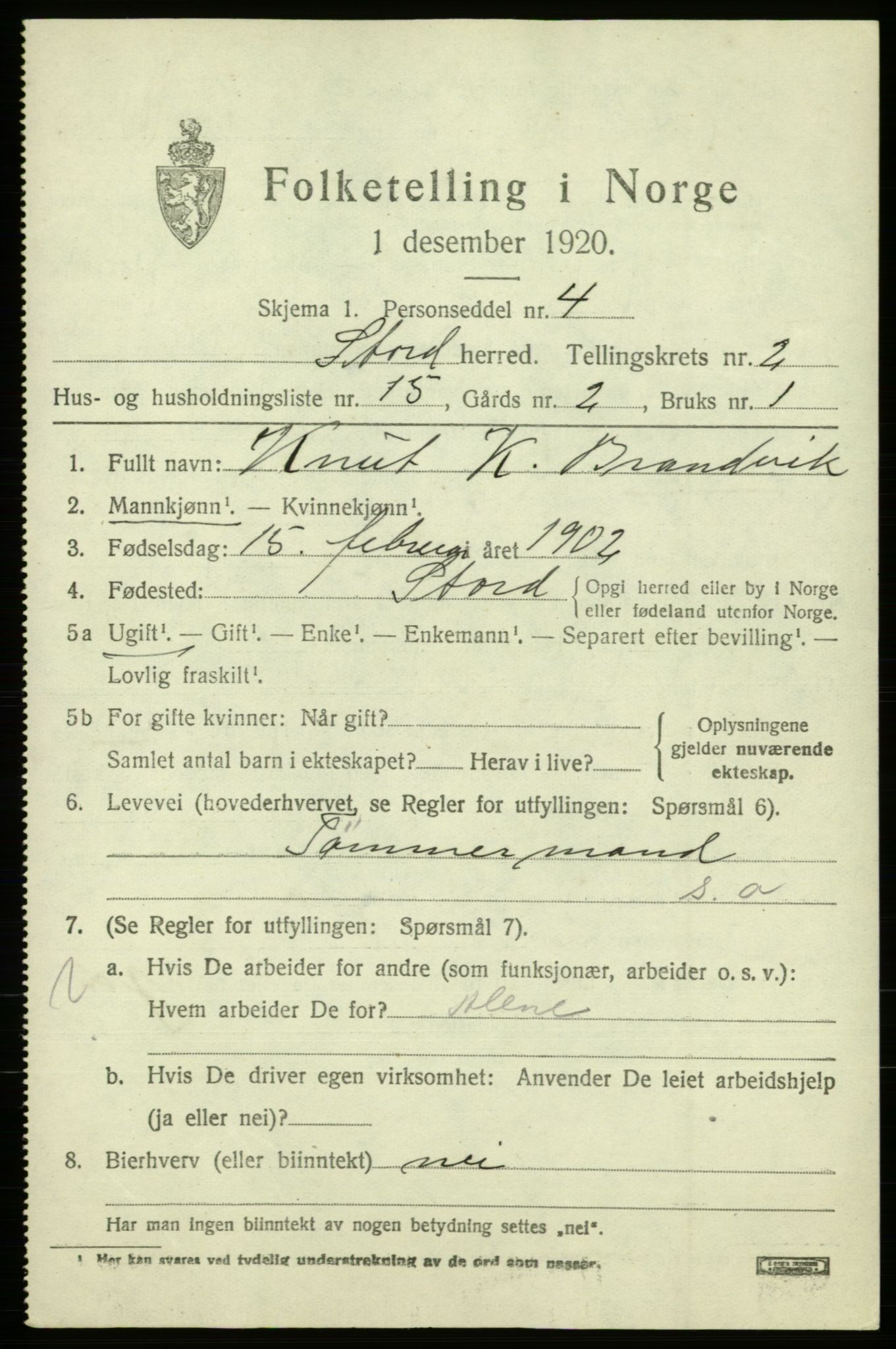 SAB, 1920 census for Stord, 1920, p. 1761