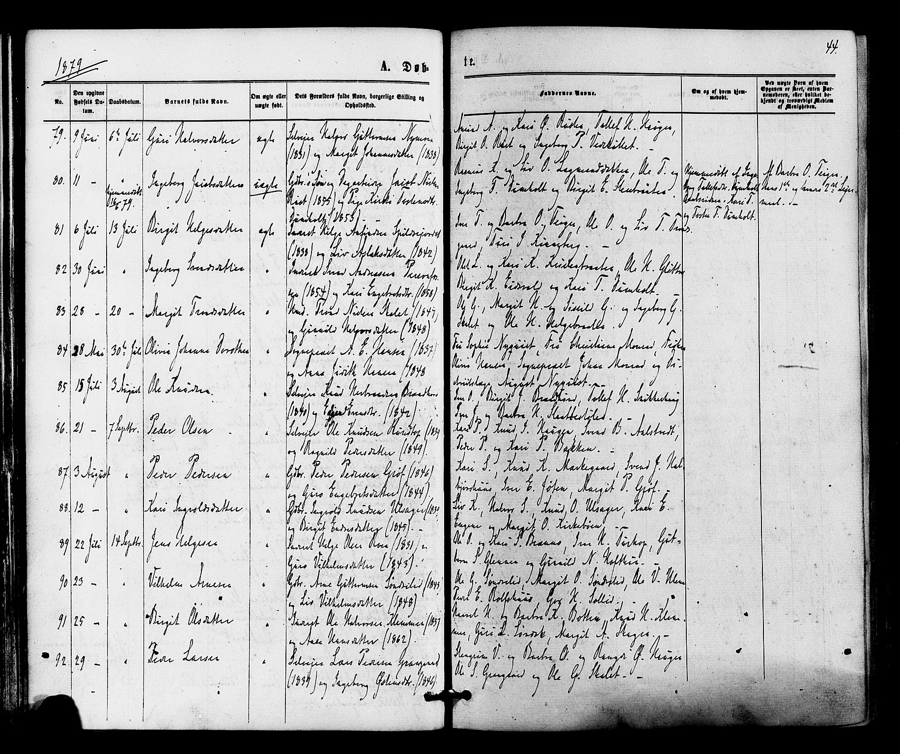 Gol kirkebøker, SAKO/A-226/F/Fa/L0004: Parish register (official) no. I 4, 1876-1886, p. 44