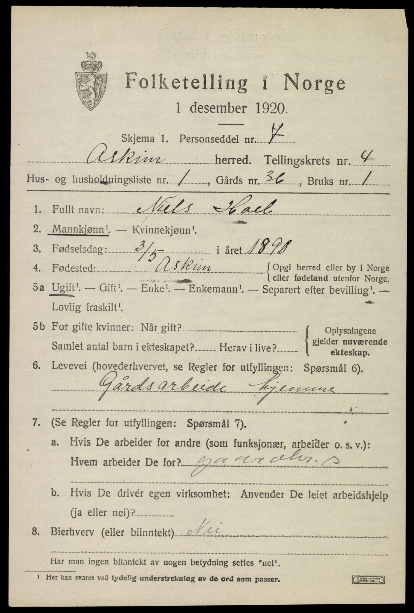 SAO, 1920 census for Askim, 1920, p. 7983