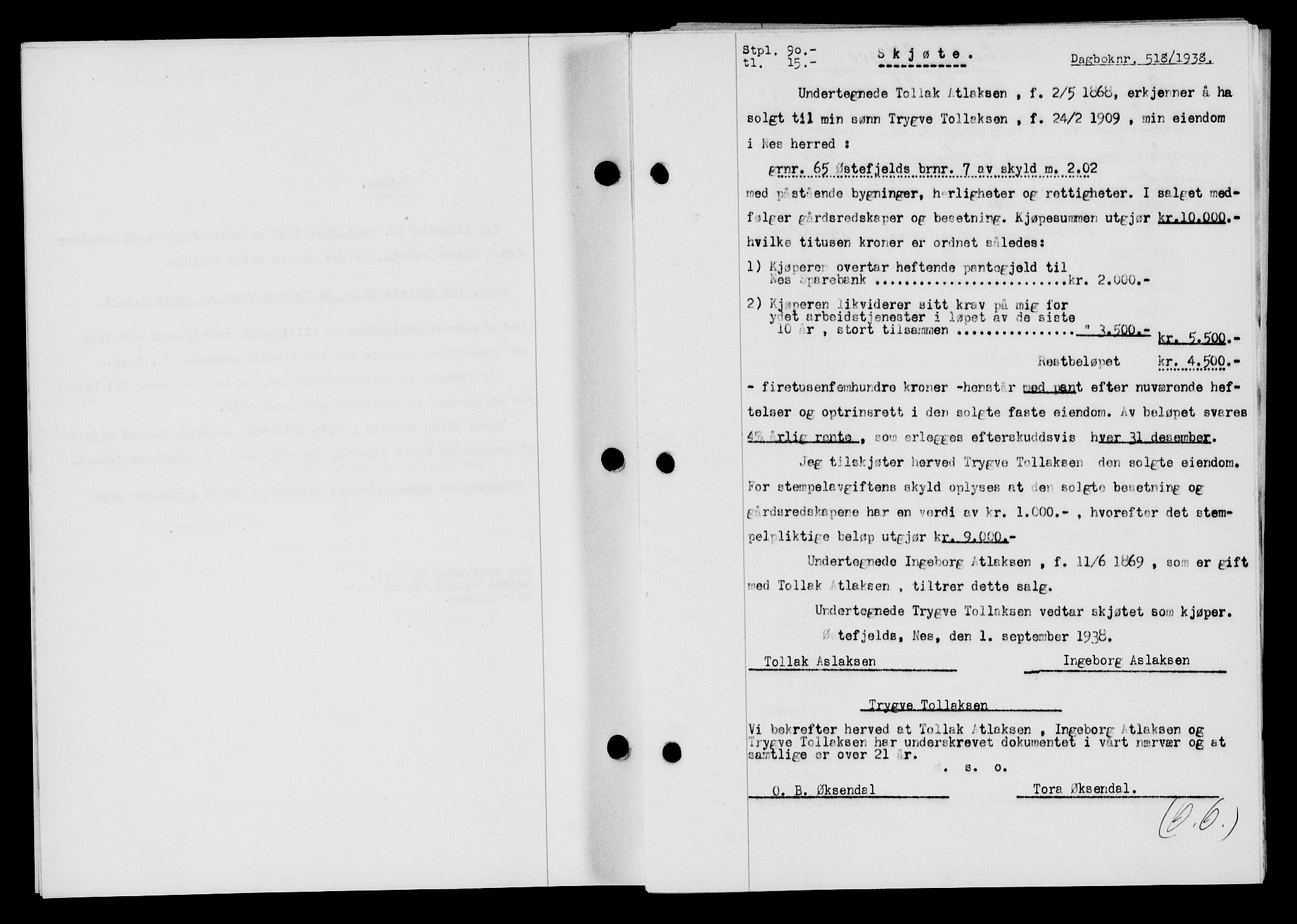 Flekkefjord sorenskriveri, AV/SAK-1221-0001/G/Gb/Gba/L0054: Mortgage book no. A-2, 1937-1938, Diary no: : 518/1938