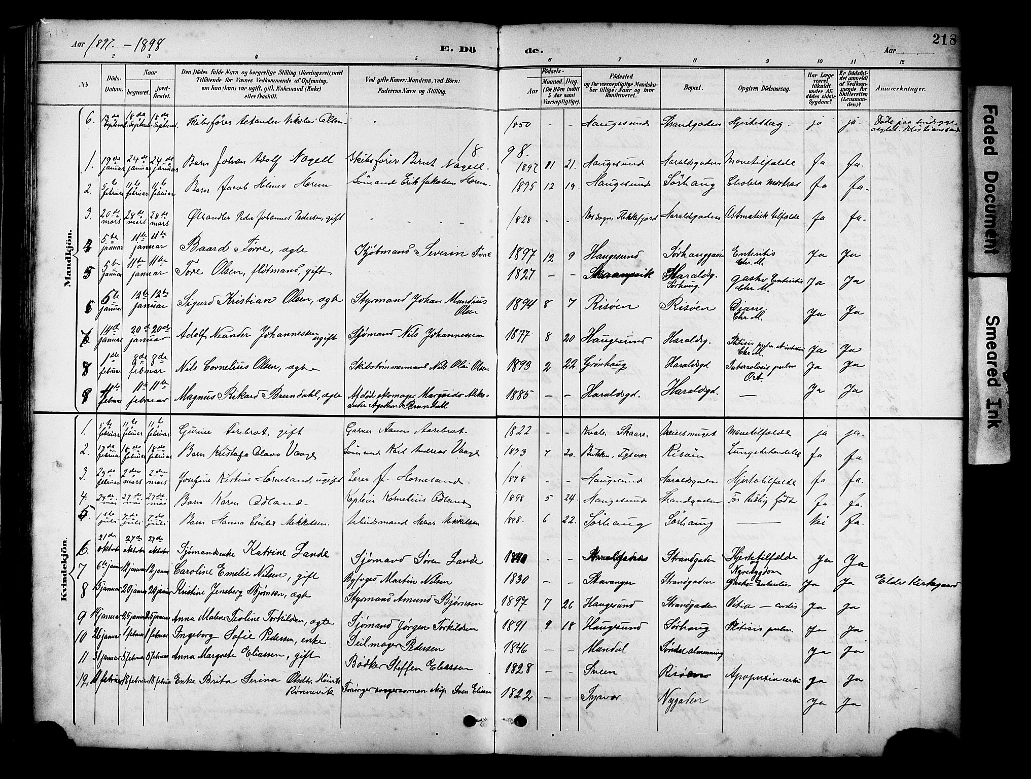 Haugesund sokneprestkontor, SAST/A -101863/H/Ha/Hab/L0005: Parish register (copy) no. B 5, 1894-1908, p. 218