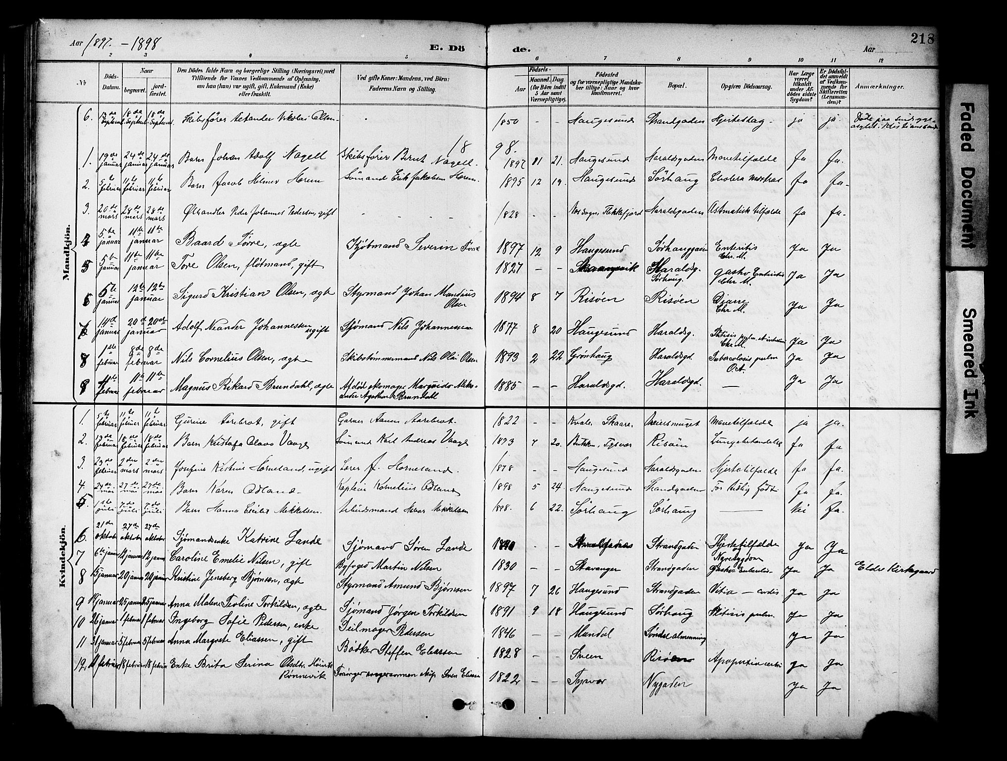 Haugesund sokneprestkontor, AV/SAST-A -101863/H/Ha/Hab/L0005: Parish register (copy) no. B 5, 1894-1908, p. 218