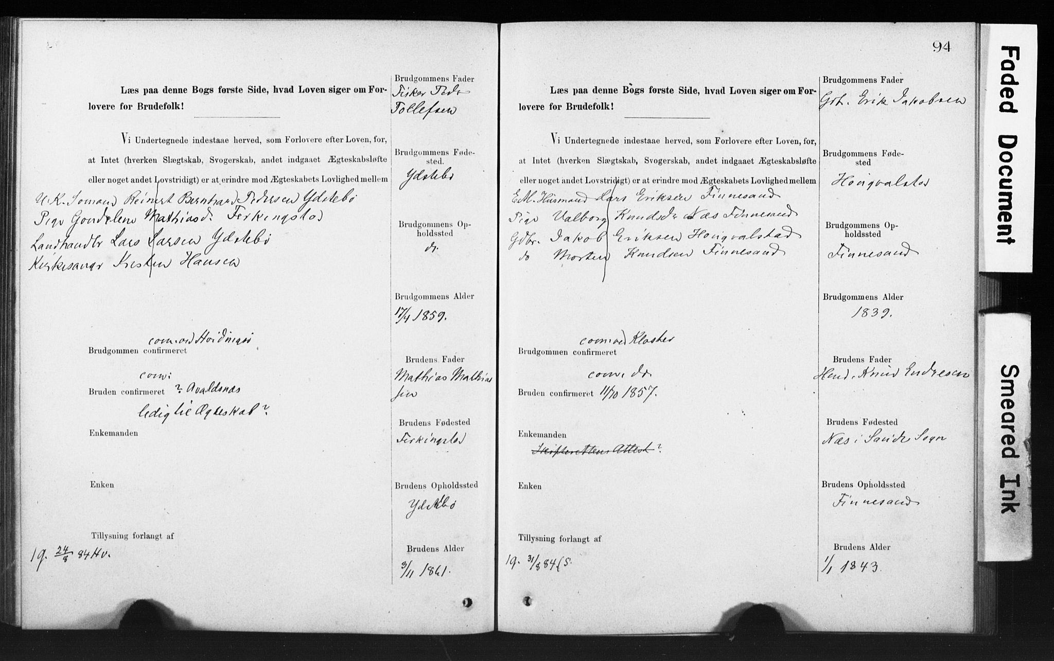 Rennesøy sokneprestkontor, AV/SAST-A -101827/I/Ie/L0001: Banns register no. 1, 1873-1898, p. 94