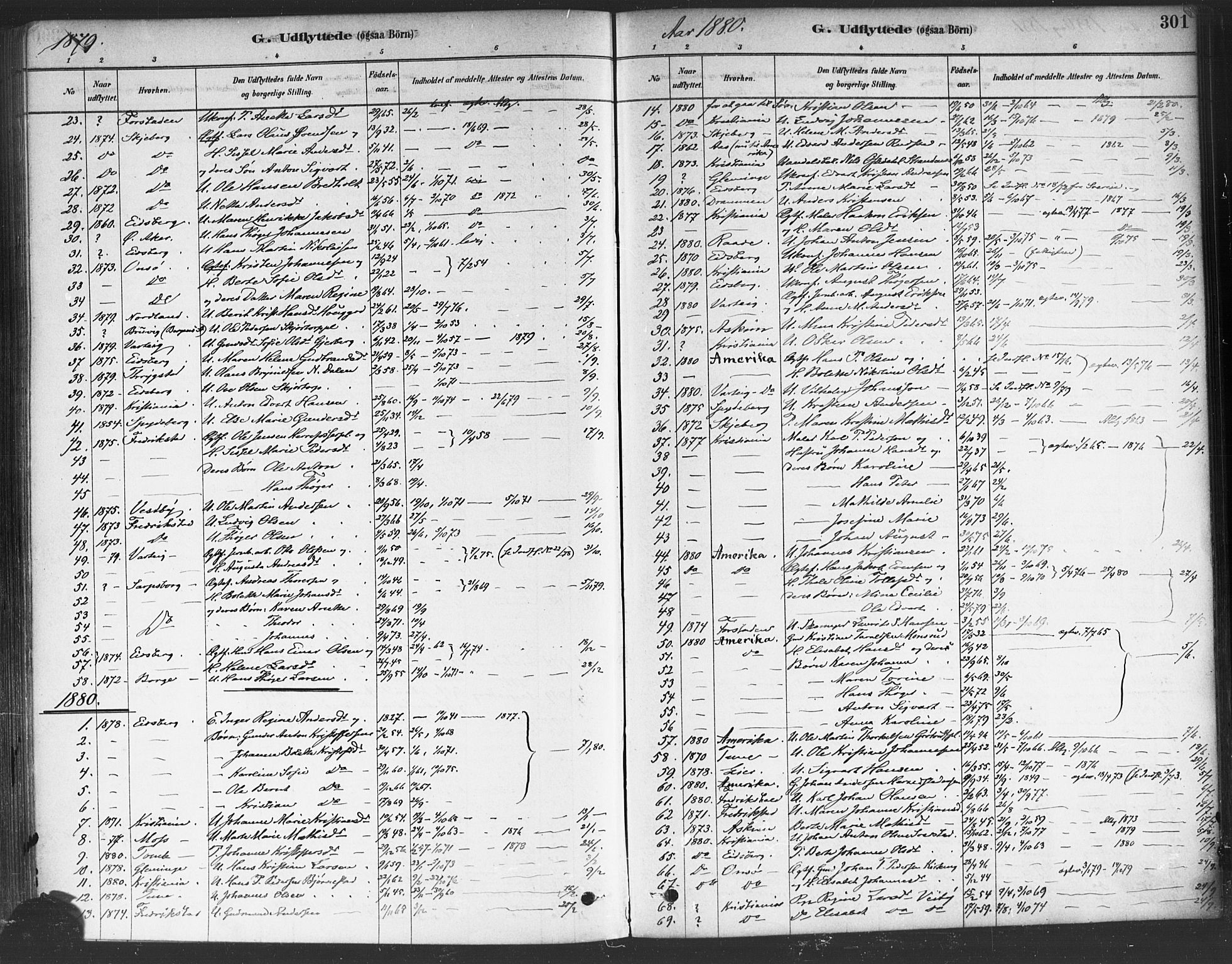 Rakkestad prestekontor Kirkebøker, SAO/A-2008/F/Fa/L0012: Parish register (official) no. I 12, 1878-1893, p. 301
