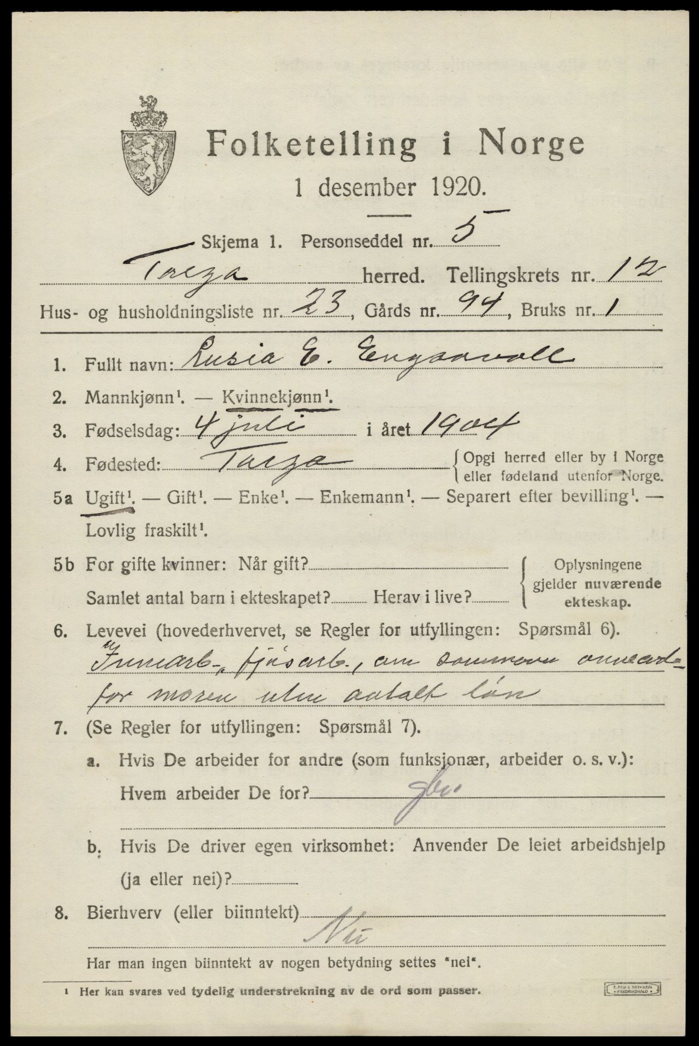 SAH, 1920 census for Tolga, 1920, p. 5749