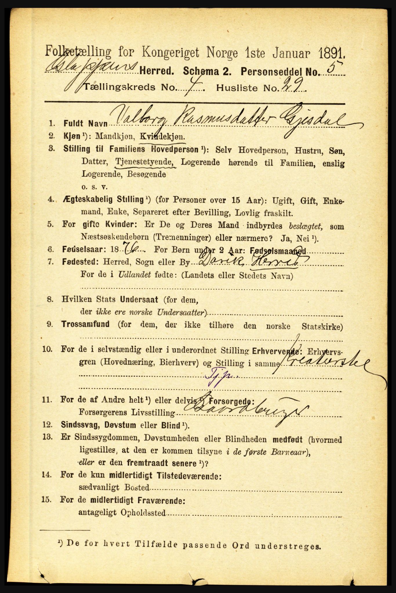 RA, 1891 census for 1445 Gloppen, 1891, p. 1921