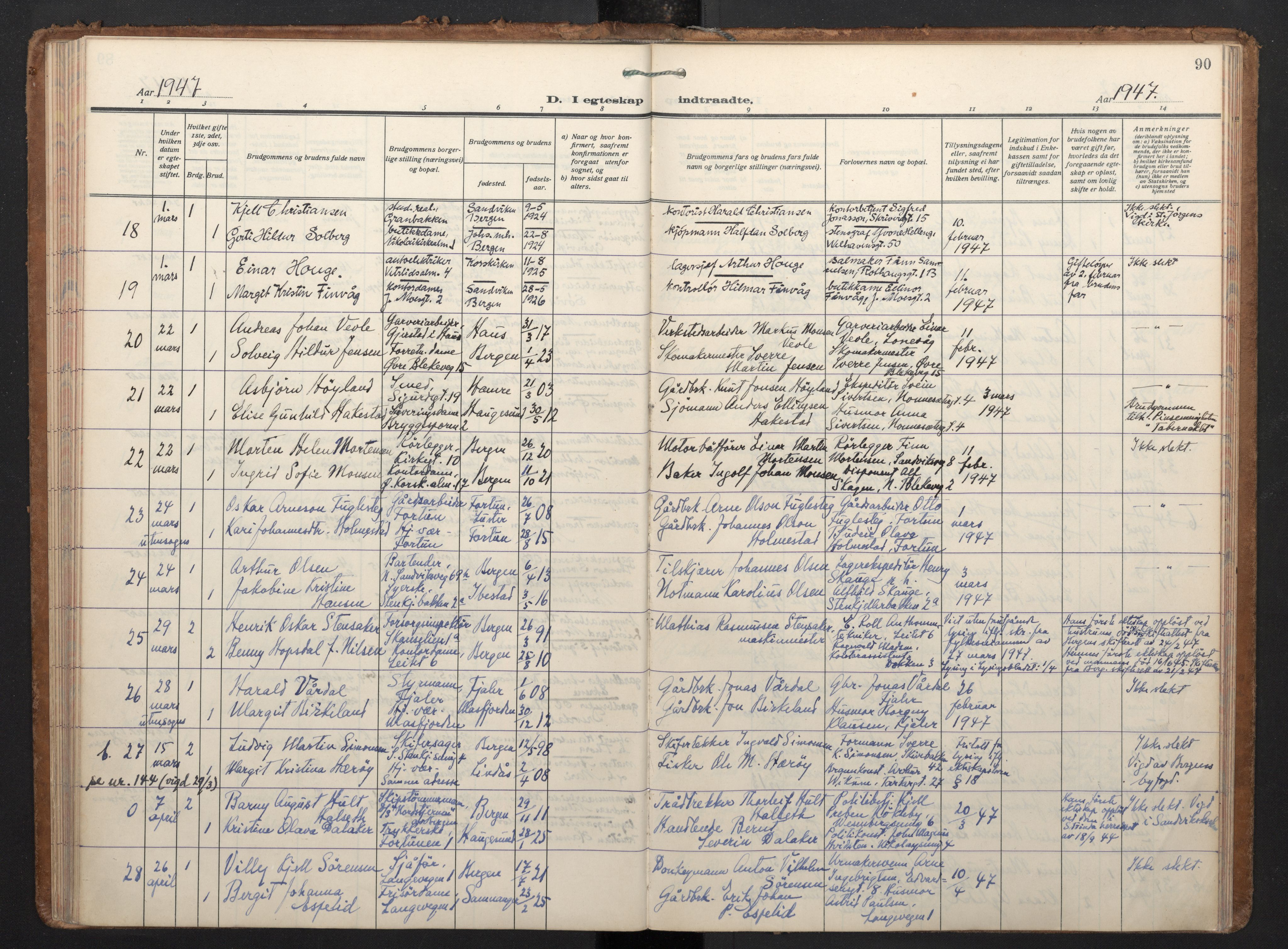 Korskirken sokneprestembete, AV/SAB-A-76101/H/Haa/L0040: Parish register (official) no. D 7, 1938-1952, p. 89b-90a