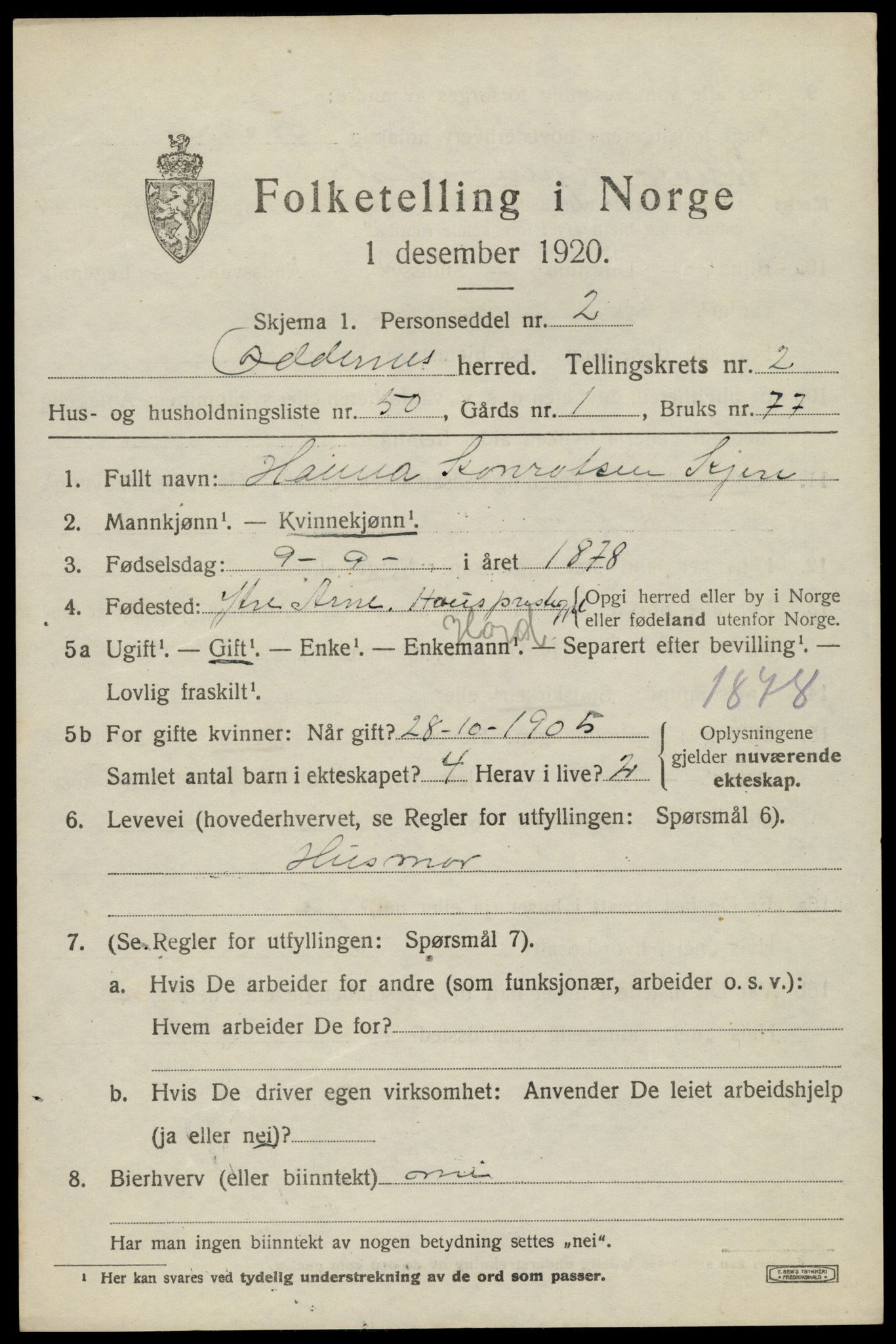 SAK, 1920 census for Oddernes, 1920, p. 3343