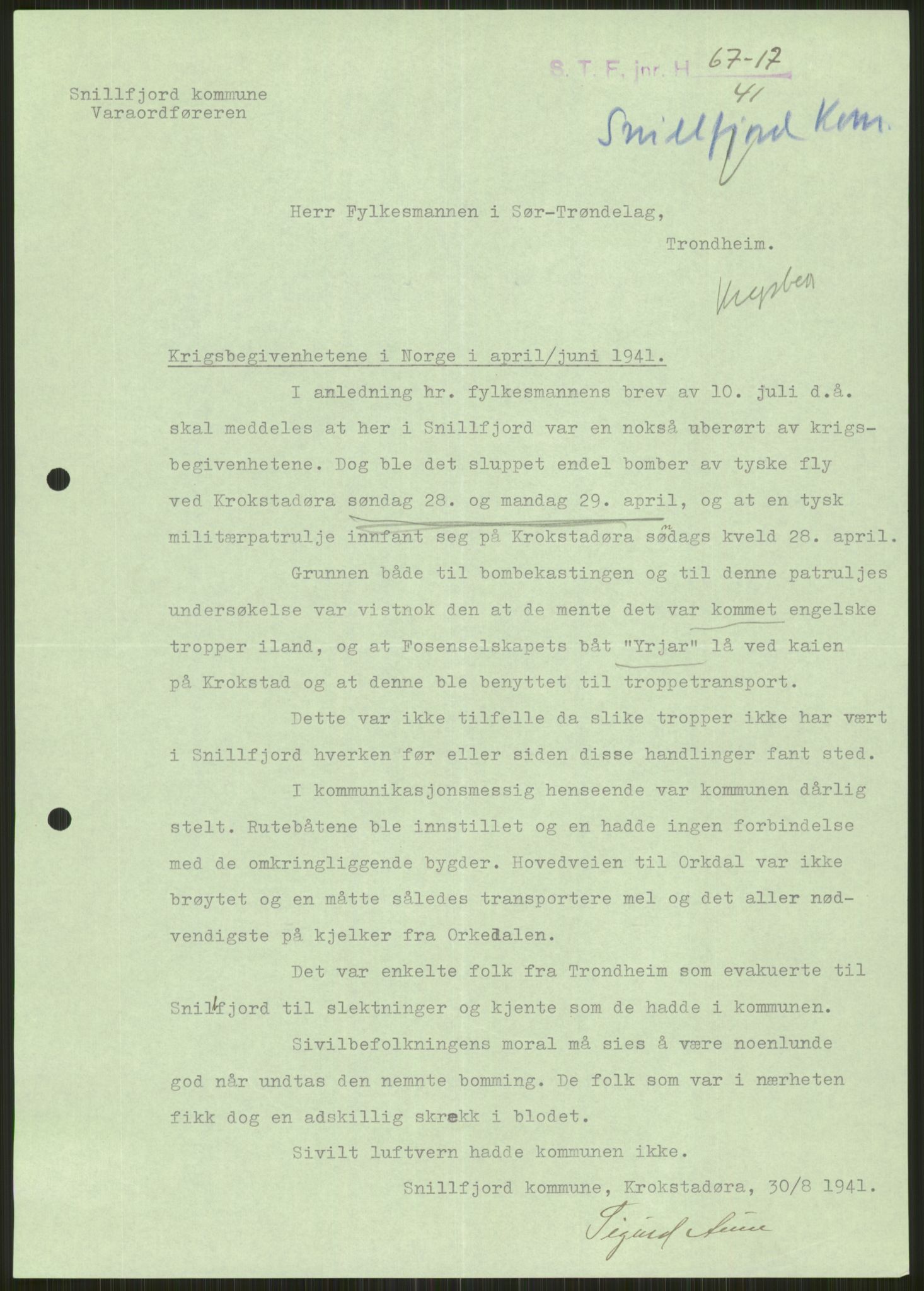 Forsvaret, Forsvarets krigshistoriske avdeling, AV/RA-RAFA-2017/Y/Ya/L0016: II-C-11-31 - Fylkesmenn.  Rapporter om krigsbegivenhetene 1940., 1940, p. 66